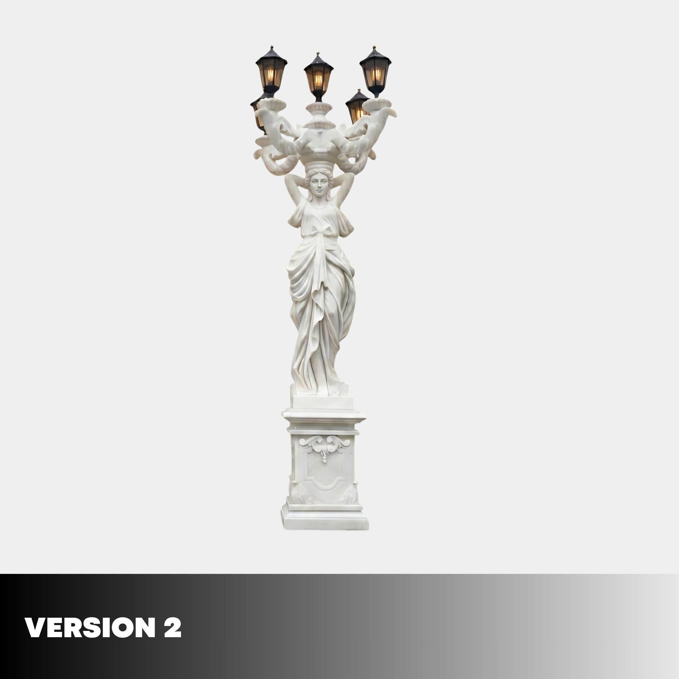 Classical Lady Five-Arm Lamp Marble Sculpture 300cm by Giant Sculptures, draped female figure raising five lantern arms above her head on a carved pedestal.