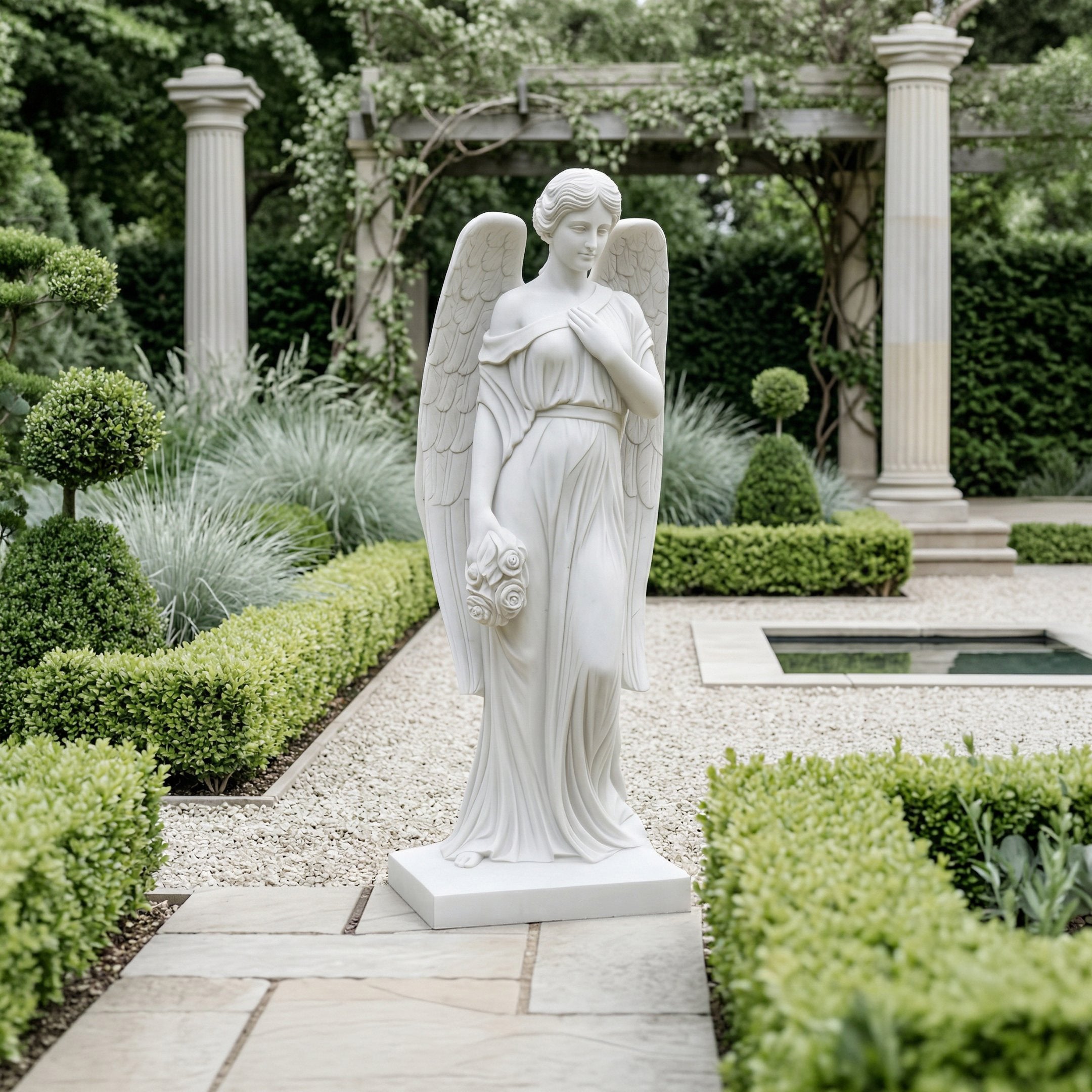 The Heartfelt Bouquet Angel Marble Outdoor Sculpture by Giant Sculptures stands 200cm tall in a landscaped garden, holding flowers with serene wings among boxwood hedges, gravel paths, stone pillars, and lush green plants.