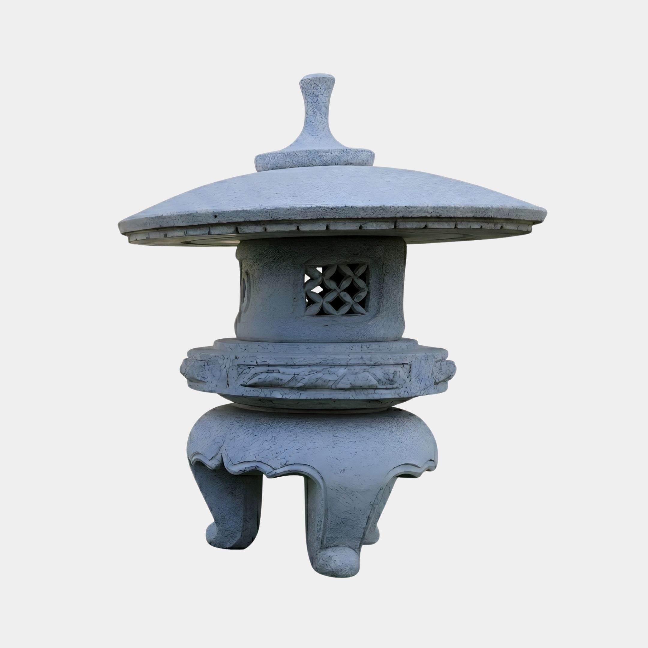 Japanese Pagoda Stone Lantern 80cm by Giant Sculptures in grey granite, shown front-on with wide tiered roof, lattice-carved light chamber, and curved footed base.