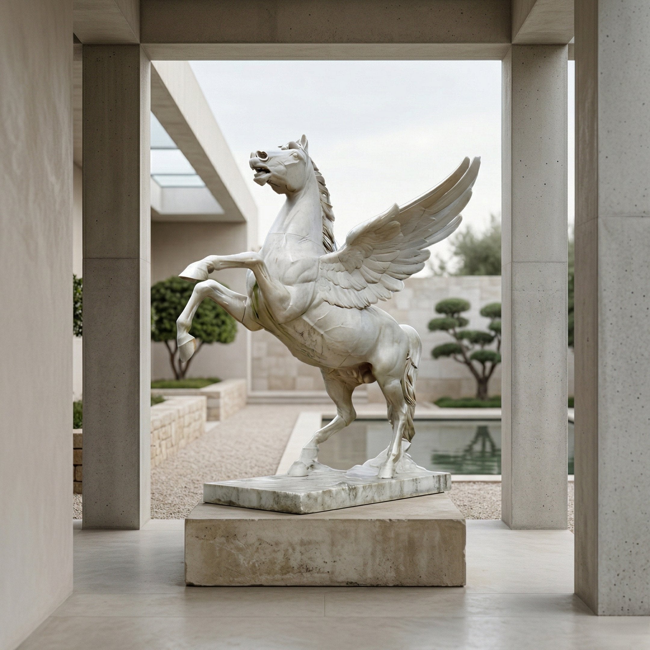 The Majestic Pegasus Marble Outdoor Sculpture - 200cm by Giant Sculptures stands on a pedestal in a modern courtyard with concrete columns, trimmed trees, and a reflecting pool in the background.