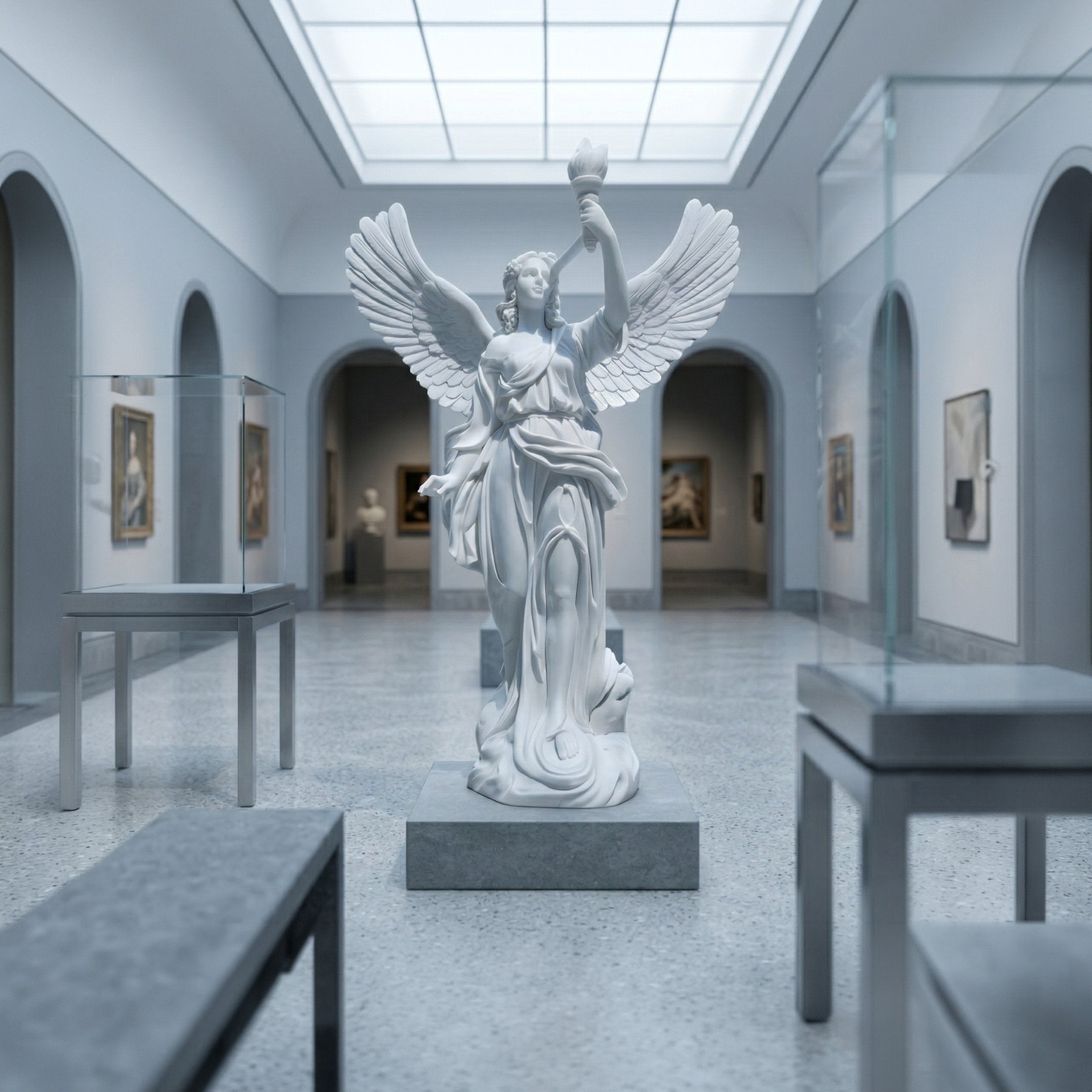 The Torch-Bearing Angel Marble Outdoor Sculpture (220cm) by Giant Sculptures stands in the center of an art museum gallery, surrounded by paintings and glass cases beneath a bright skylight.