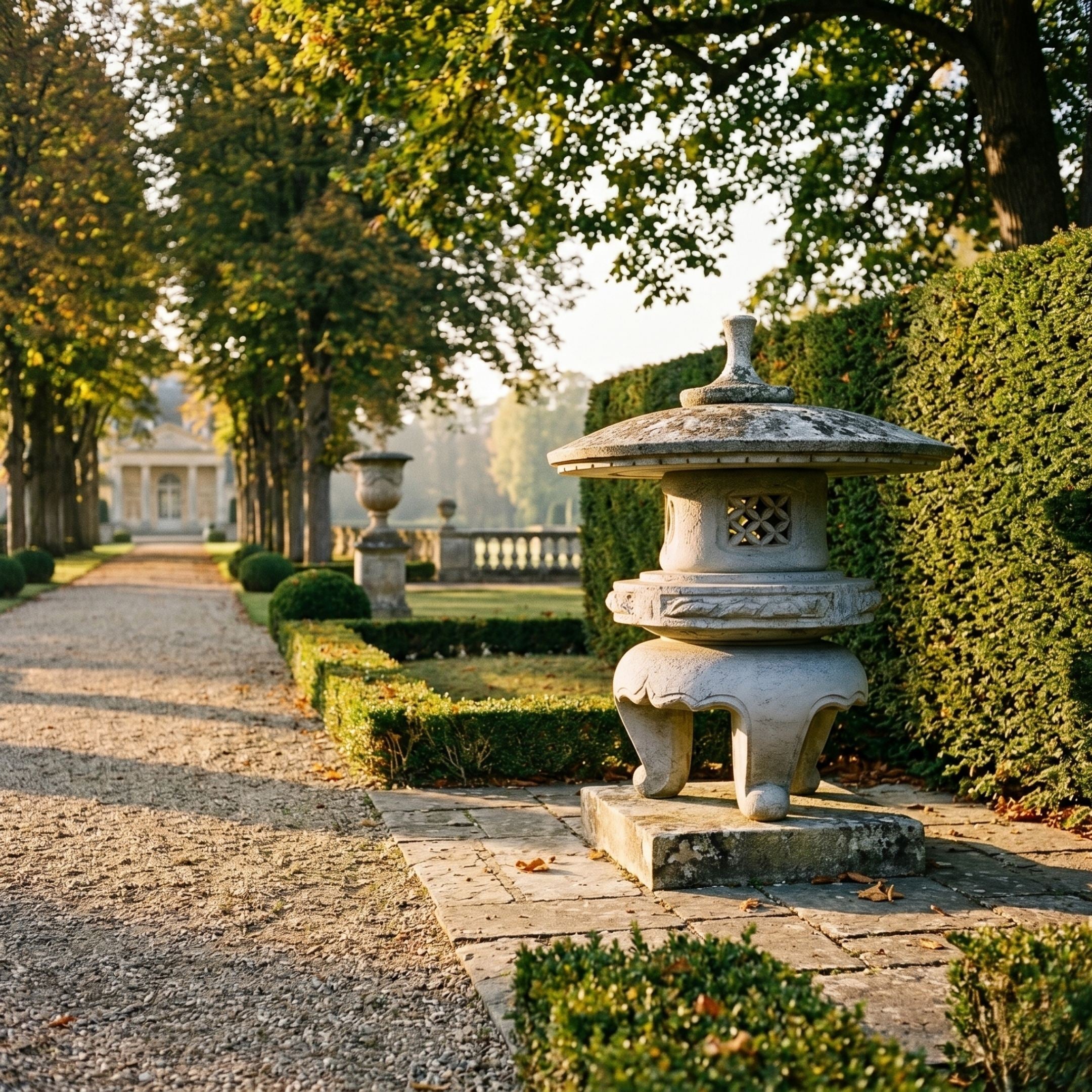 Giant Sculptures 80cm Japanese Pagoda Stone Lantern in weathered grey granite, set on a stone plinth beside a manicured hedge in a formal garden pathway.