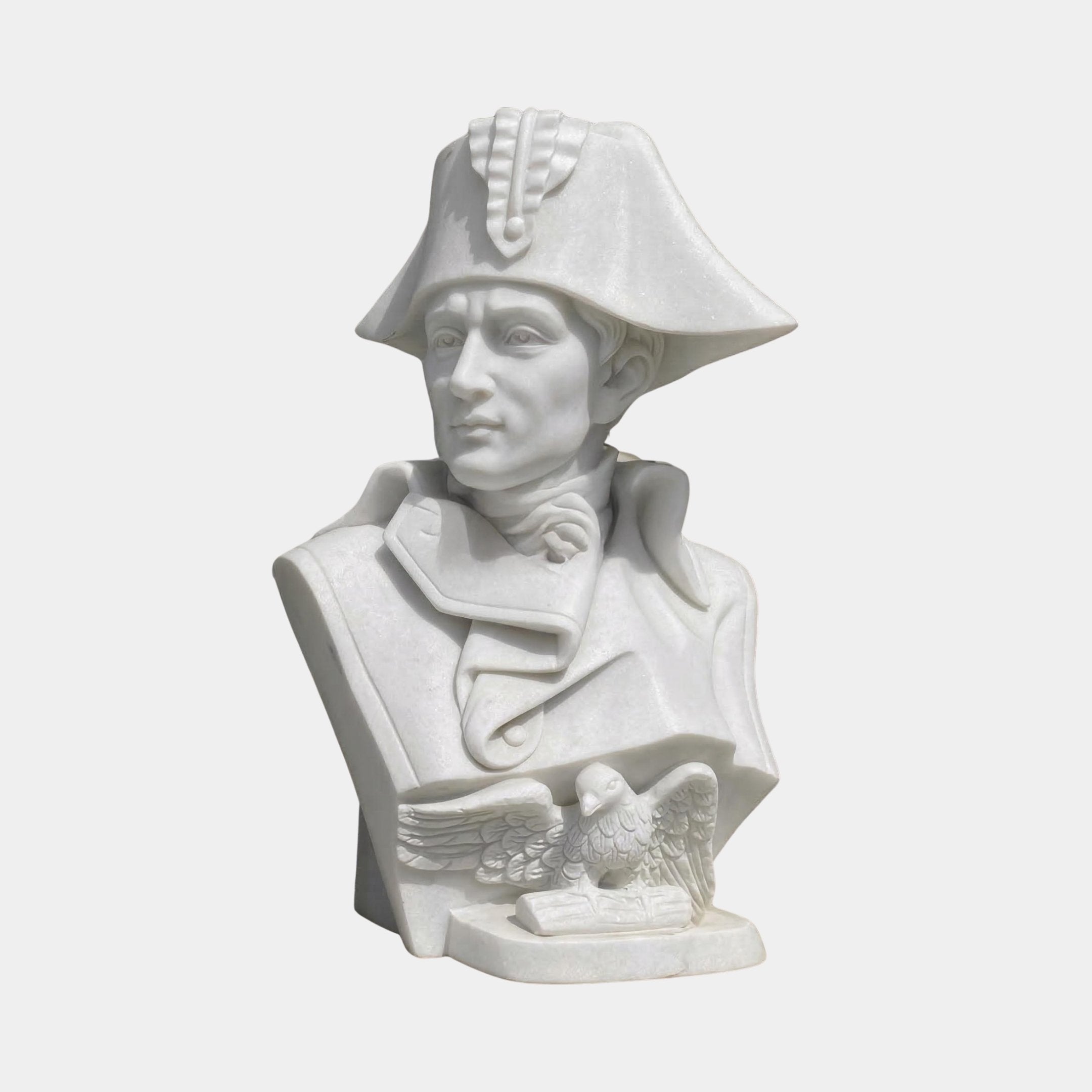 The Napoleon Military Marble Bust Sculpture - 65cm by Giant Sculptures features a man in uniform with a bicorne hat, detailed buttons, and an eagle with a shield at the base—perfect classic military decor for any space.