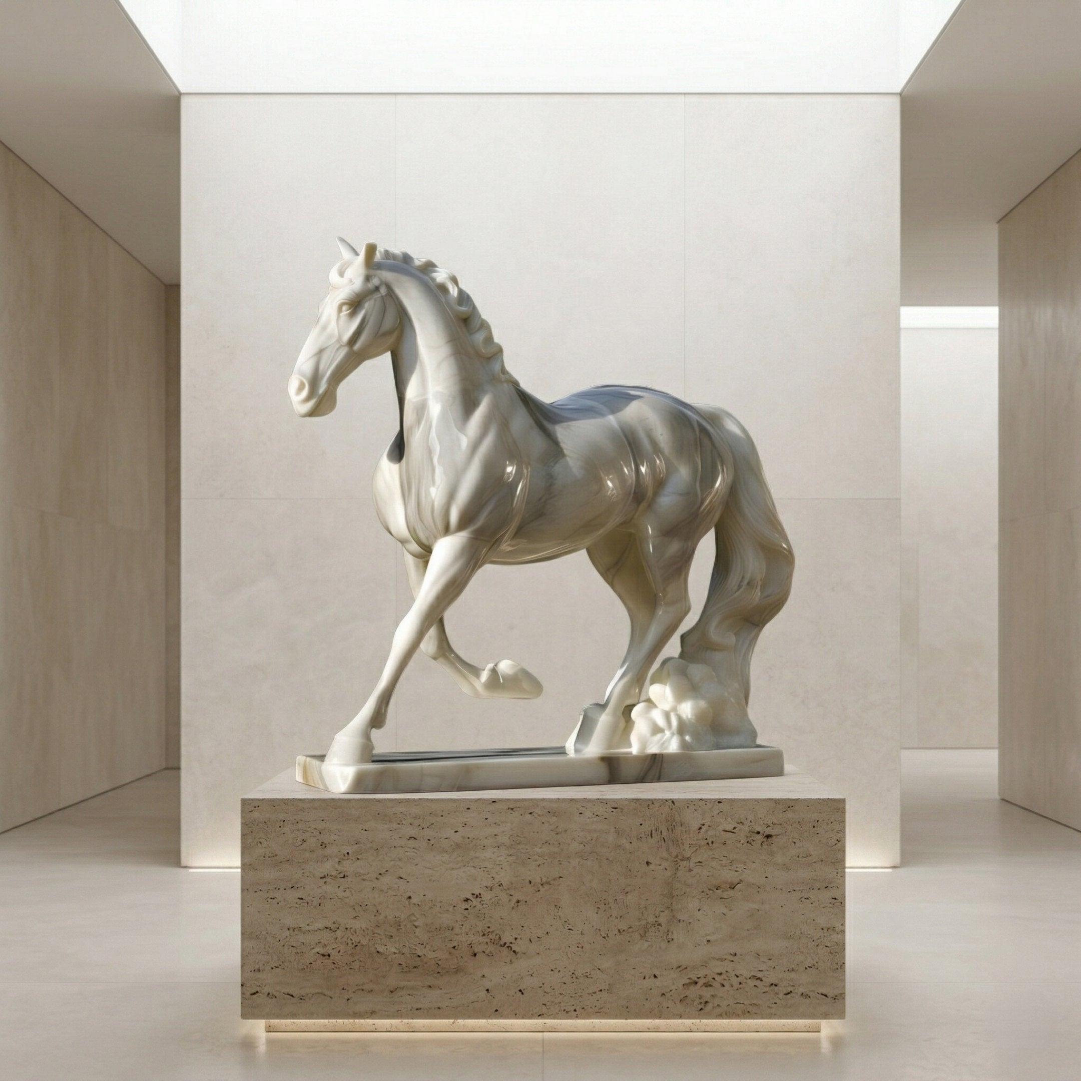 The Elegant Striding Horse Marble Outdoor Sculpture - 200cm by Giant Sculptures stands on a stone pedestal in a minimalist, well-lit gallery with beige walls and a skylight above.