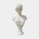 The Classical Youth Marble Bust Sculpture by Giant Sculptures (65cm) features a white marble bust of a woman with wavy hair and a ruffled floral dress, gazing downward, set against a plain white background.