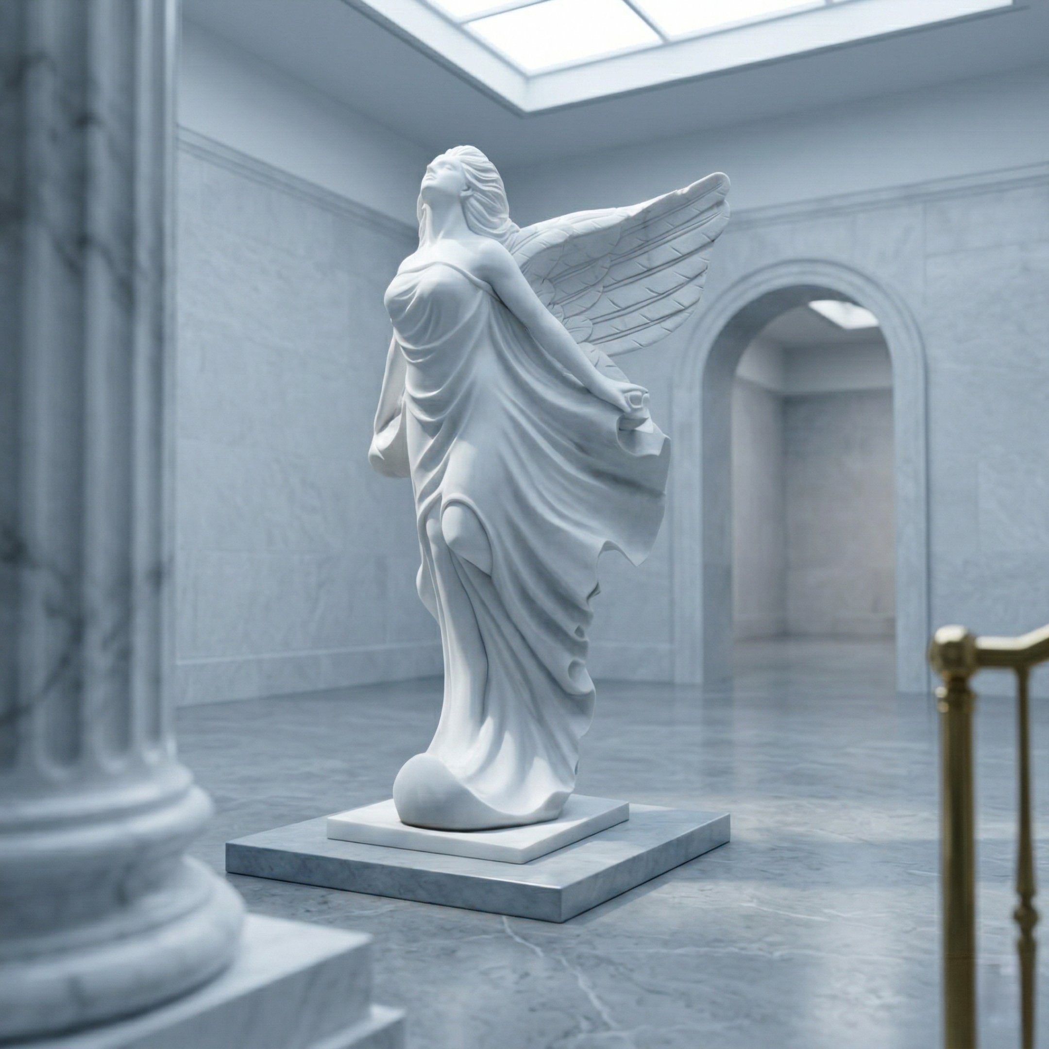 The Billowing Gown Angel Marble Outdoor Sculpture - 200cm by Giant Sculptures depicts a winged female figure in marble, standing in a spacious gallery with classical columns and arched doorways filled with light.