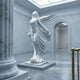 The Billowing Gown Angel Marble Outdoor Sculpture - 200cm by Giant Sculptures depicts a winged female figure in marble, standing in a spacious gallery with classical columns and arched doorways filled with light.