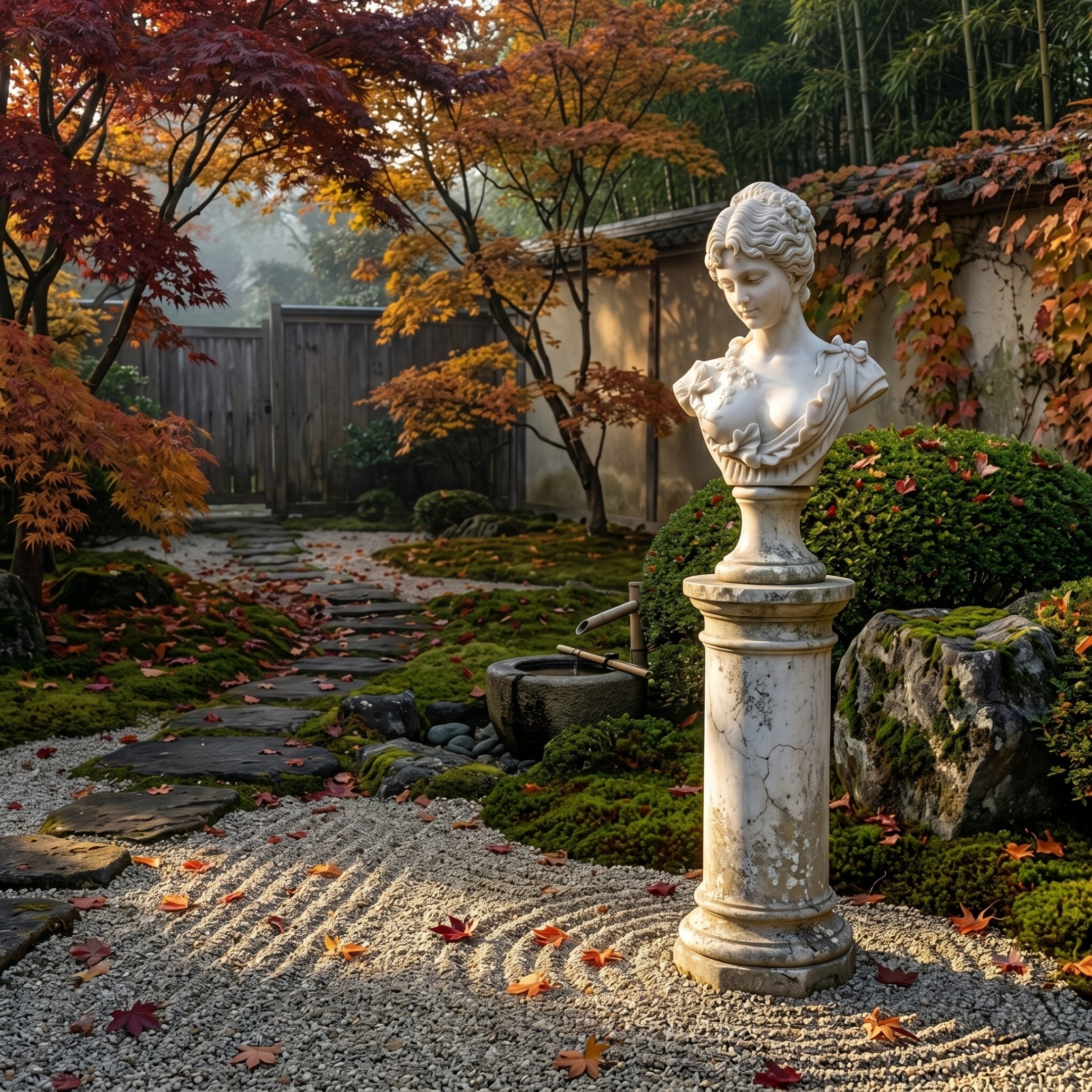 The Classical Youth Marble Bust Sculpture - 65cm by Giant Sculptures sits on a pedestal in a serene garden with autumn trees, moss, gravel, colorful leaves, and a wooden fence in the background.