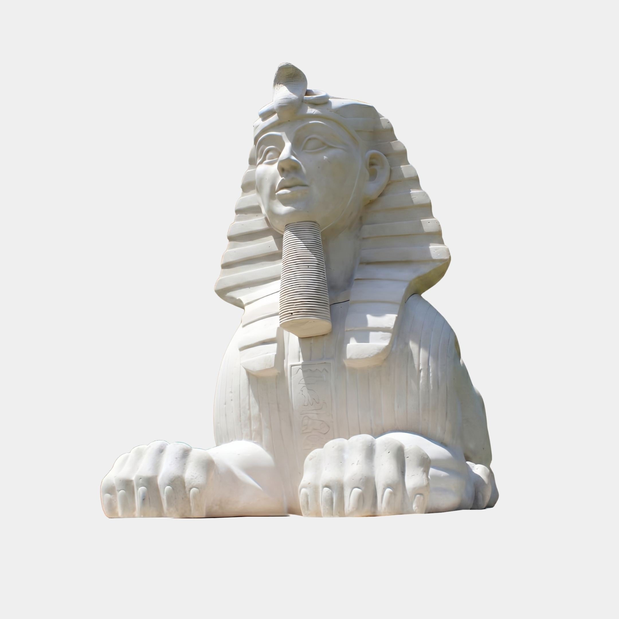 Egyptian Sphinx Marble Sculpture 110cm by Giant Sculptures, front view of the white marble seated sphinx with nemes headdress and paws forward, plain background.