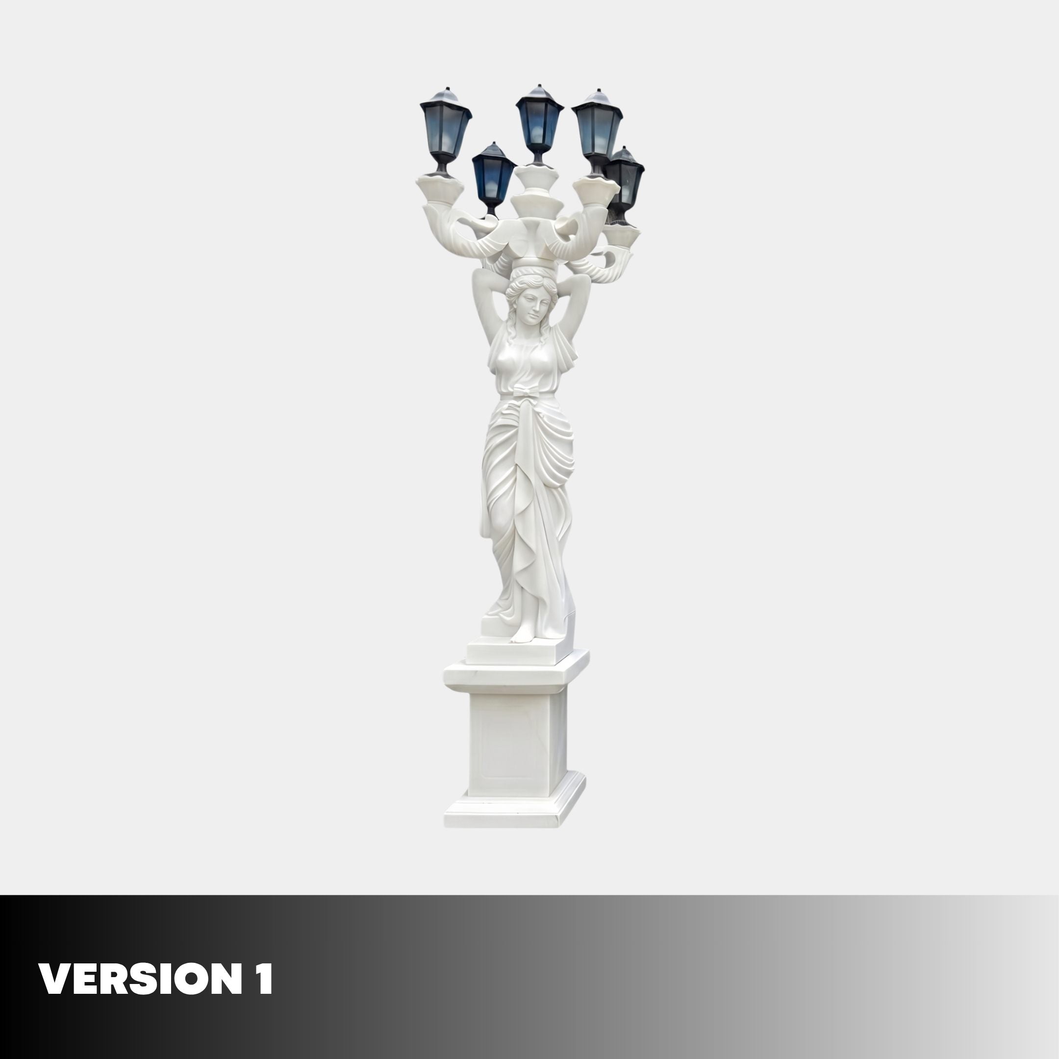 Giant Sculptures' 300cm Classical Woman Five-Arm Lamp Marble Sculpture in white marble with dark lantern caps, on a square pedestal against a plain background.