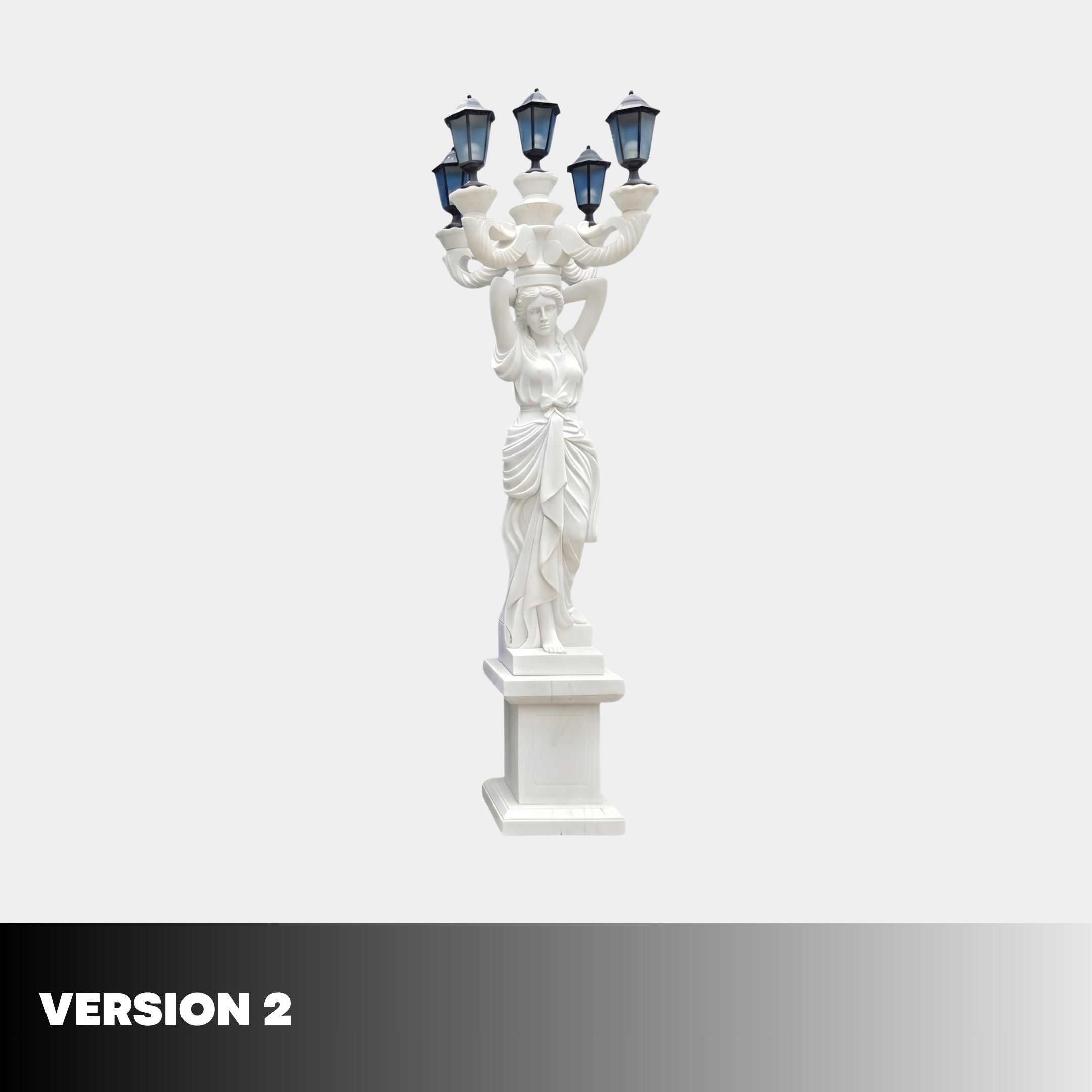 Giant Sculptures Classical Woman Five-Arm Lamp Marble Sculpture 300cm in white marble with draped figure raising lantern arms above her head on a pedestal.