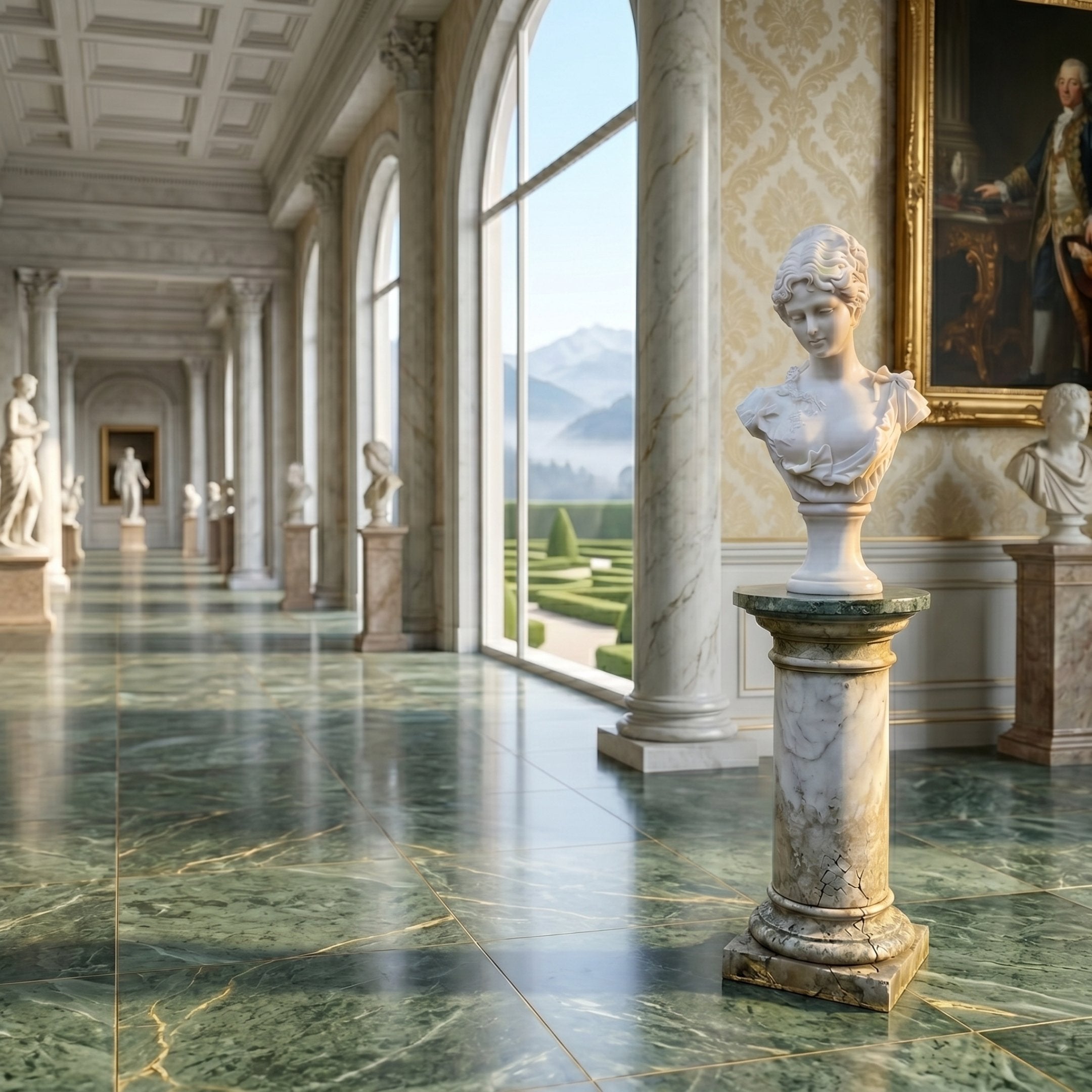 The Classical Youth Marble Bust Sculpture - 65cm by Giant Sculptures stands on a pedestal in an elegant hallway with marble floors, tall windows, classical statues, ornate walls, and views of a manicured garden and distant mountains.