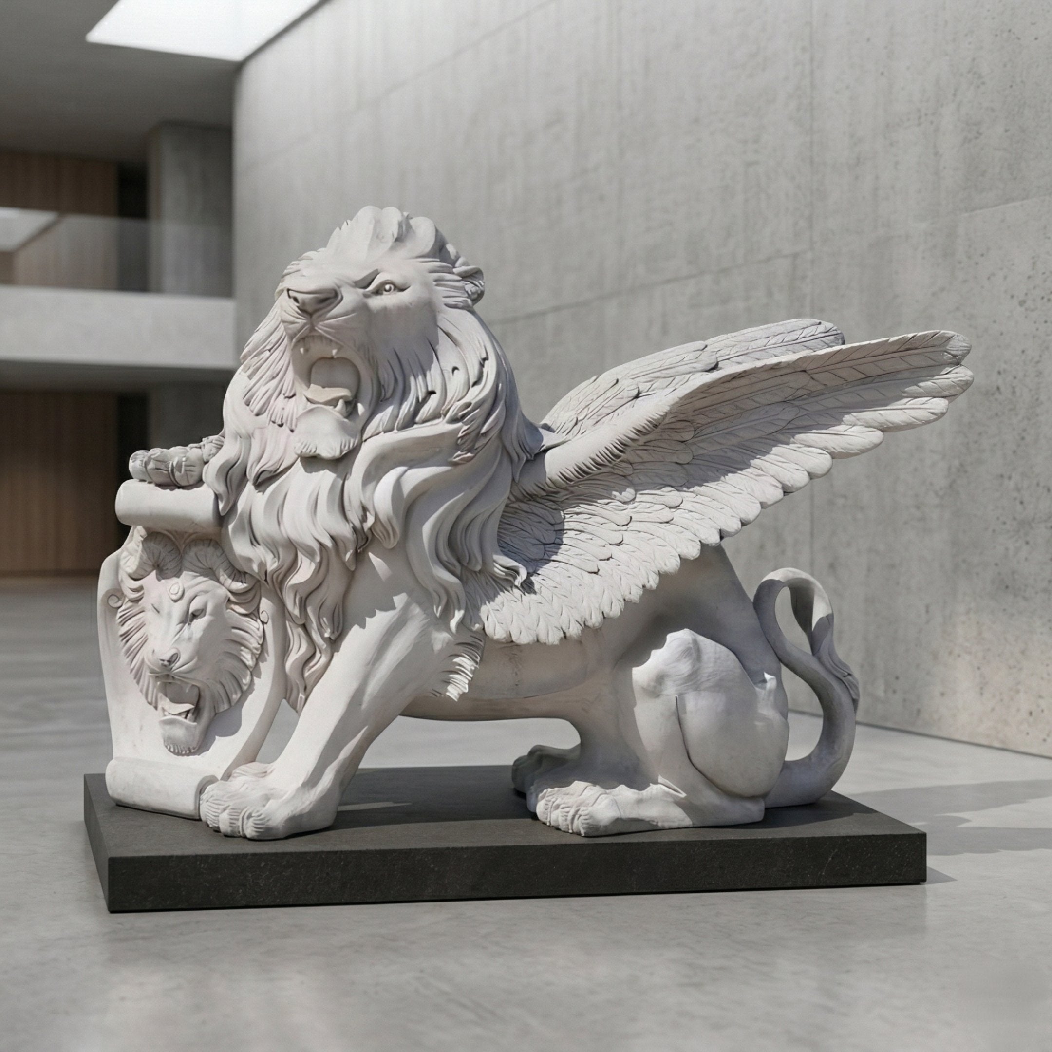 The Giant Winged Lion Marble Outdoor Sculpture - 160cm by Giant Sculptures features a majestic lion with feathered wings and a lion’s head under its paw—perfect as a bold statement piece for modern indoor or outdoor spaces.
