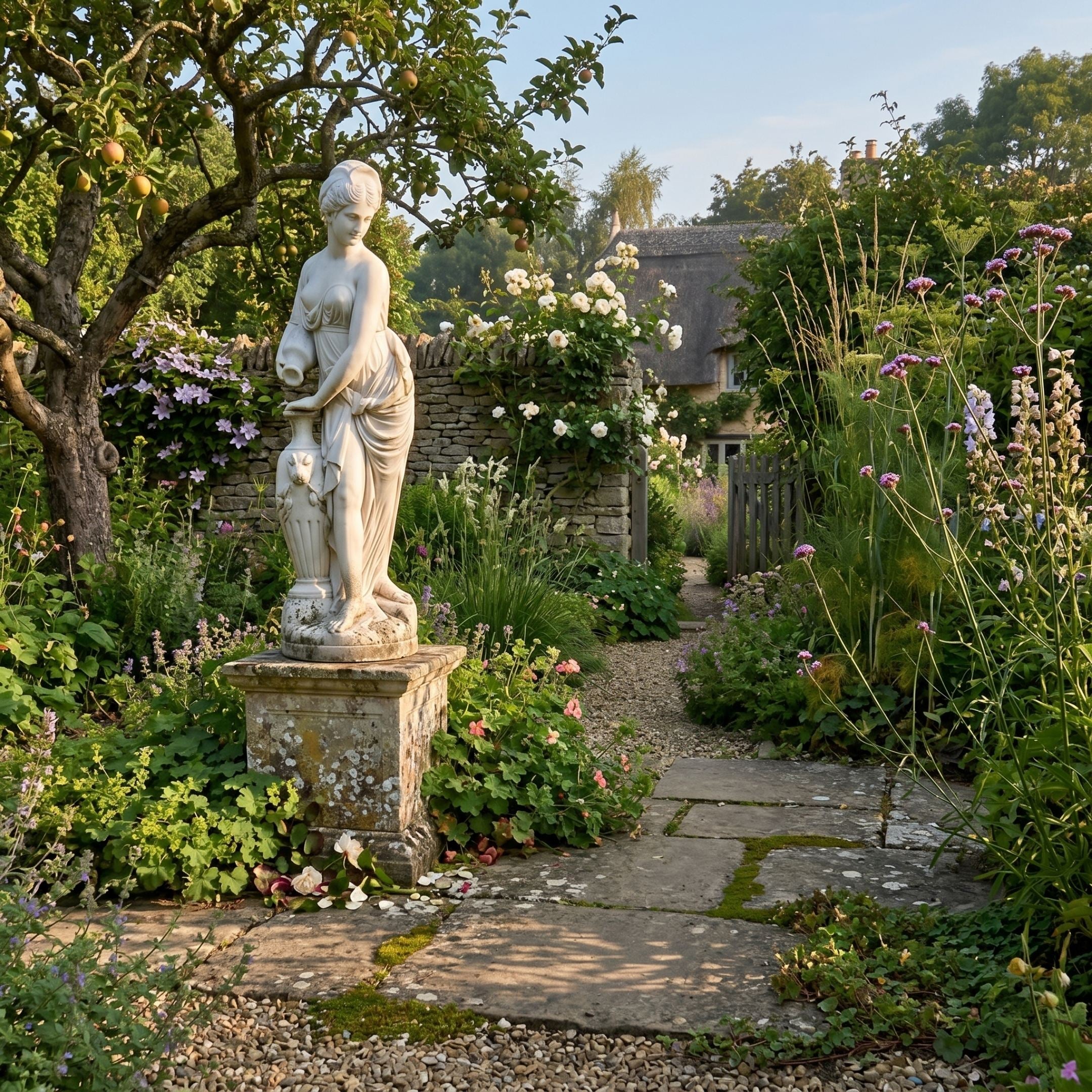 Giant Sculptures 180cm Standing Female Figure marble sculpture on a weathered stone plinth in a cottage garden with roses, wildflowers, and an apple tree.