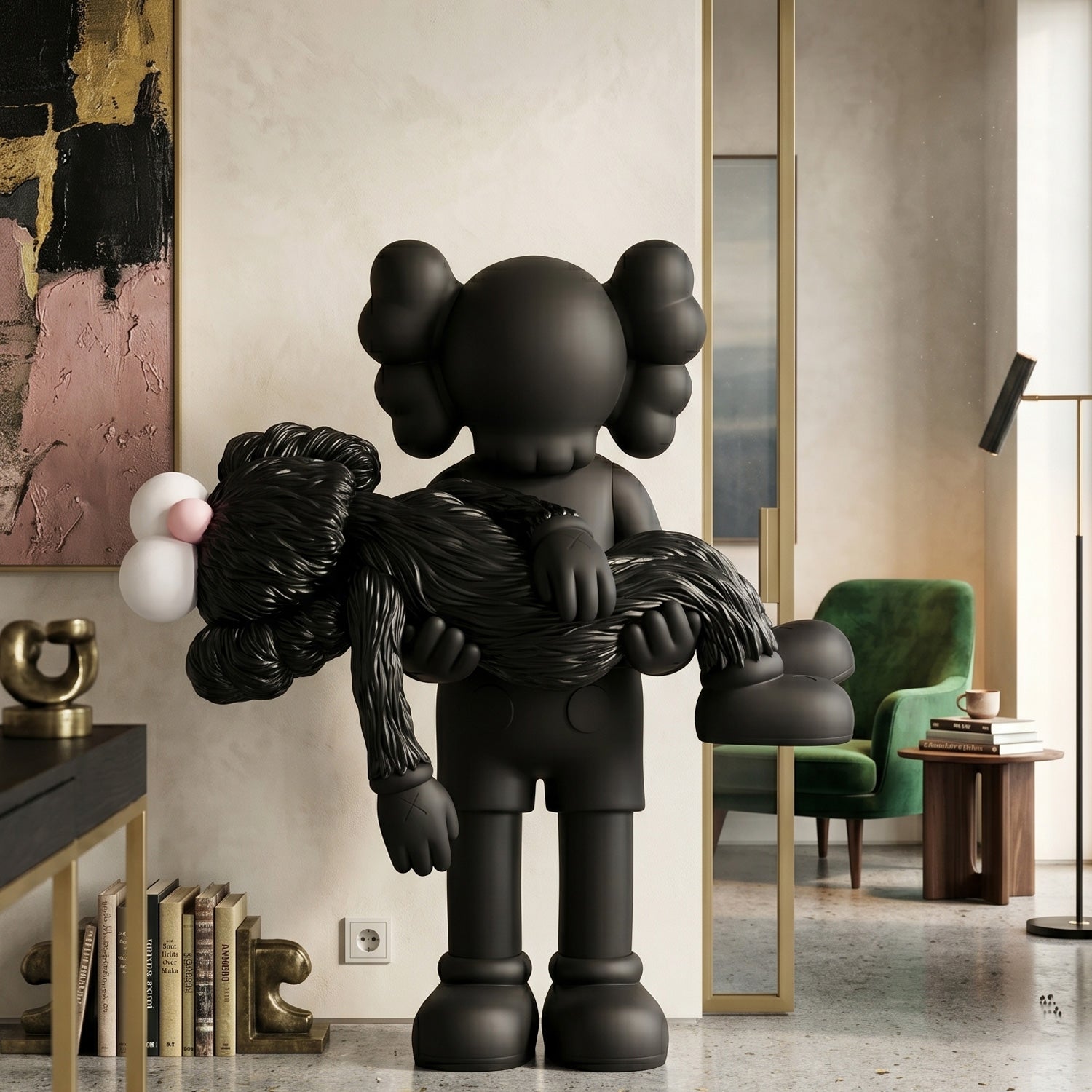 Obsidian Black Iconify Rescuing Furry Sculpture by Giant Sculptures, 135cm matte black figure cradling a limp furry companion, displayed in a neutral living room.