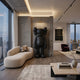 Midnight Black Iconify Standing Sculpture by Giant Sculptures displayed against a wood-panelled wall in a modern living room with a curved bouclé sofa nearby.