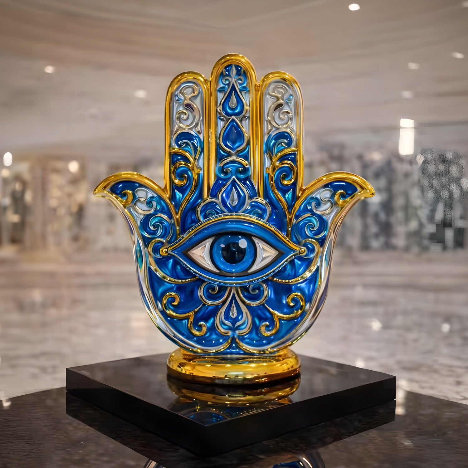 The Golden Hamsa Hand Protection Sculpture - 150cm by Giant Sculptures features intricate blue and gold details with a vivid blue eye, crafted from gold fiberglass on a black base—an elegant protective symbol for modern, marble-floored spaces.