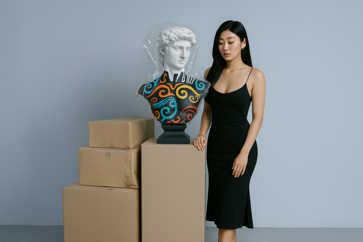 A woman in a black dress stands beside a colorful bust sculpture, which is partially covered in clear plastic. The bust is placed on top of stacked cardboard boxes against a gray background.
