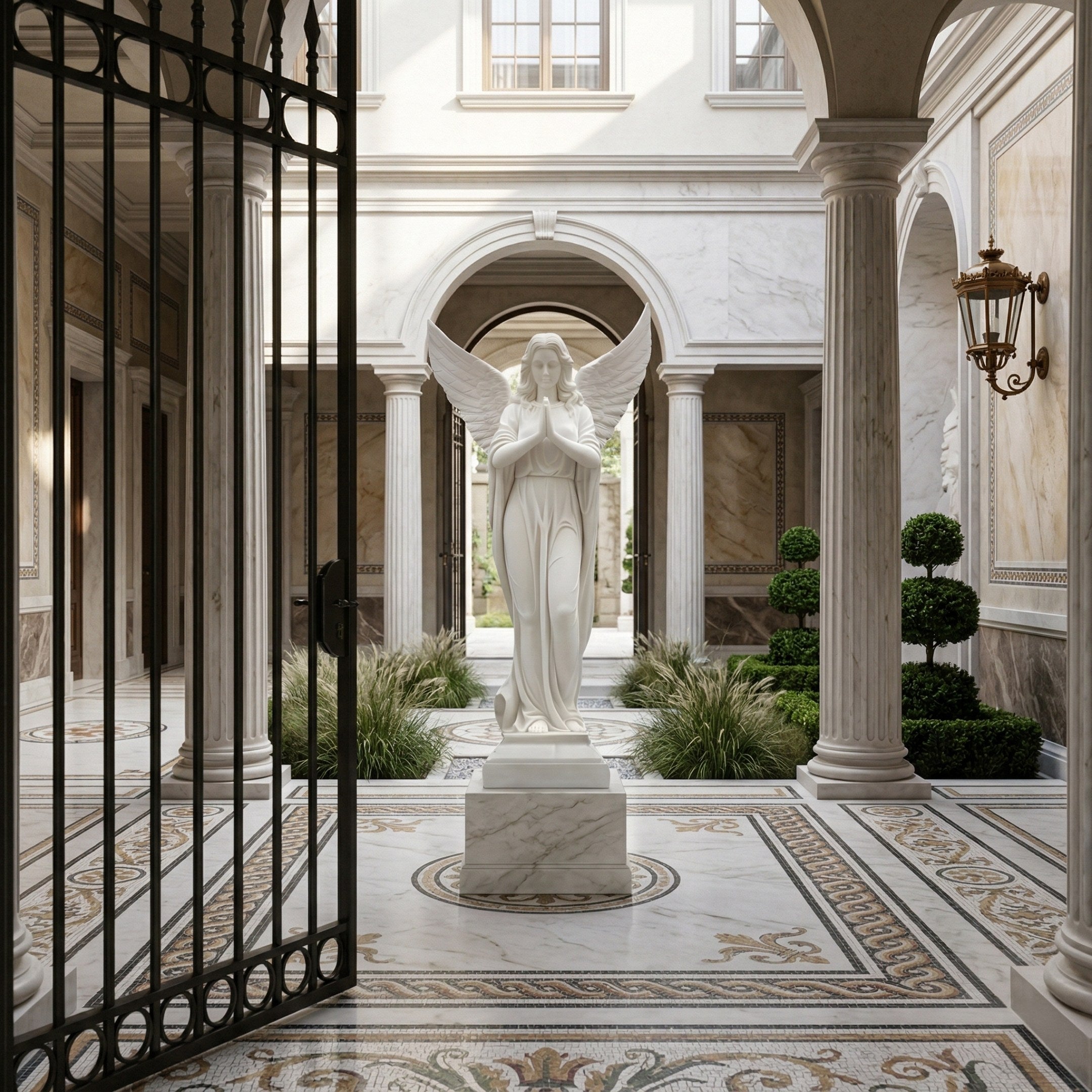 The Prayerful Angel Marble Outdoor Sculpture (220cm) by Giant Sculptures stands in an ornate courtyard with classical columns, manicured plants, mosaic tile flooring, and an open wrought-iron gate in the foreground.