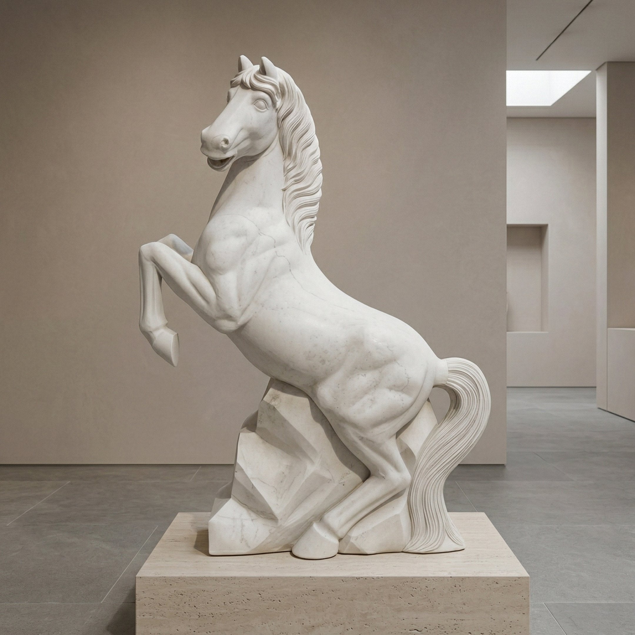 The Rearing Horse White Marble Outdoor Sculpture - 180cm by Giant Sculptures stands on a stone pedestal in a modern, minimalist gallery with neutral walls and soft natural light.