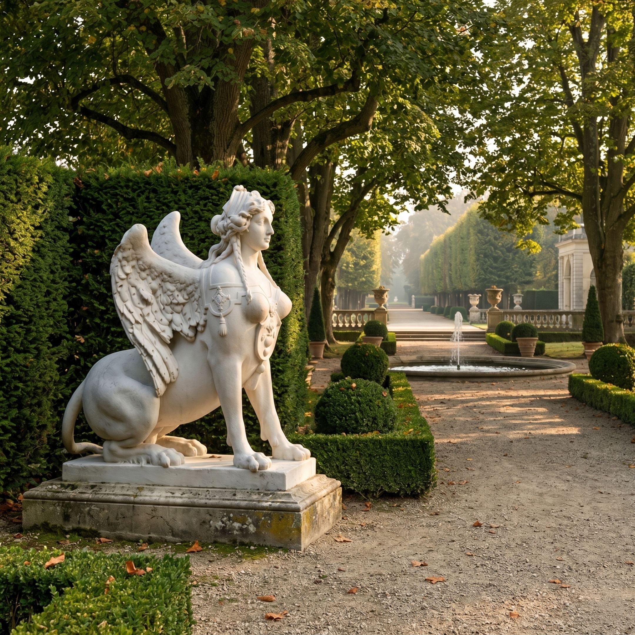 Giant Sculptures' 120cm Winged Sphinx Marble Sculpture on a weathered stone base in a formal garden, with trimmed hedges, tree-lined path, and fountain beyond.