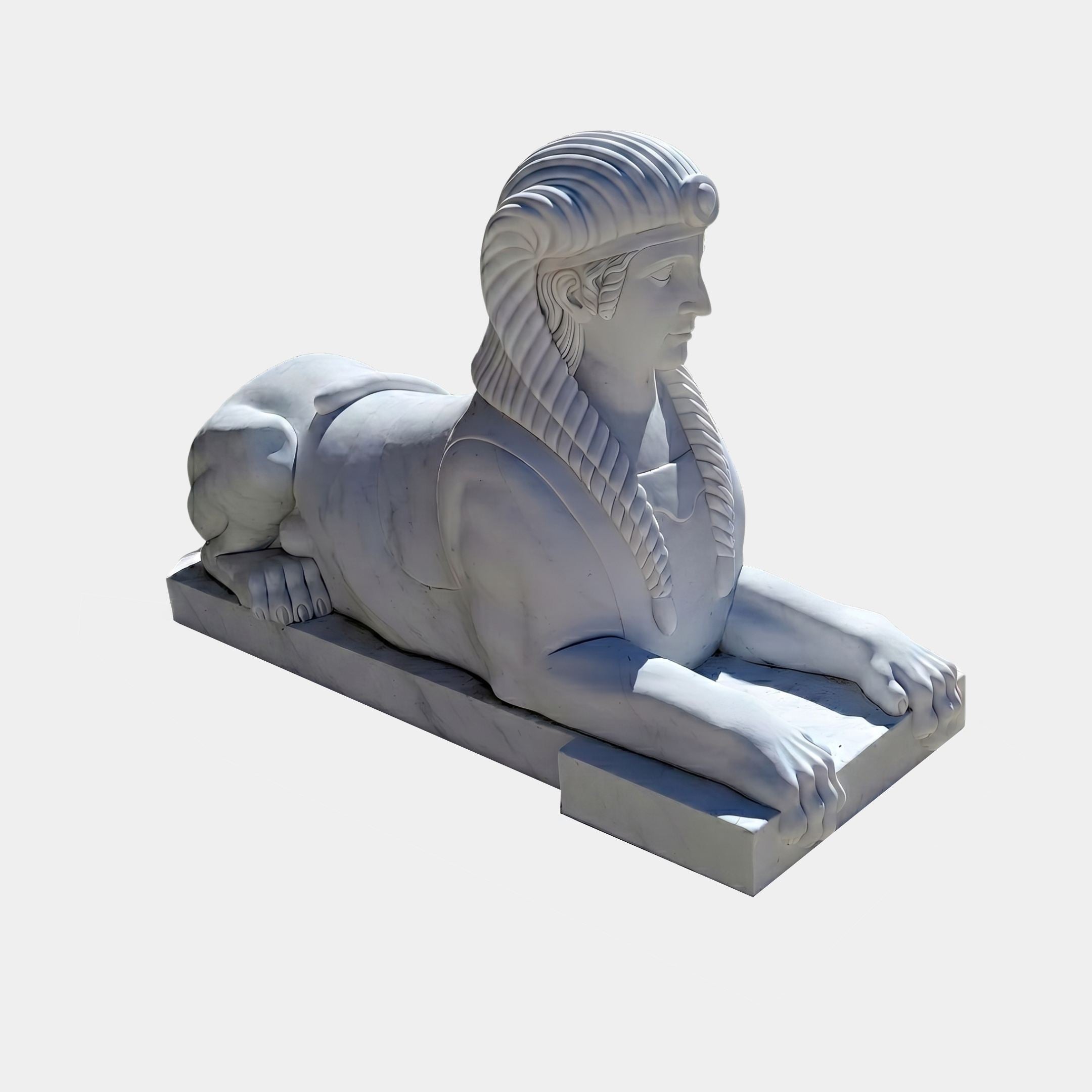 Egyptian Sphinx Garden Marble Sculpture 110cm by Giant Sculptures, white marble recumbent lion body with pharaonic nemes headdress, shown on a plain background.