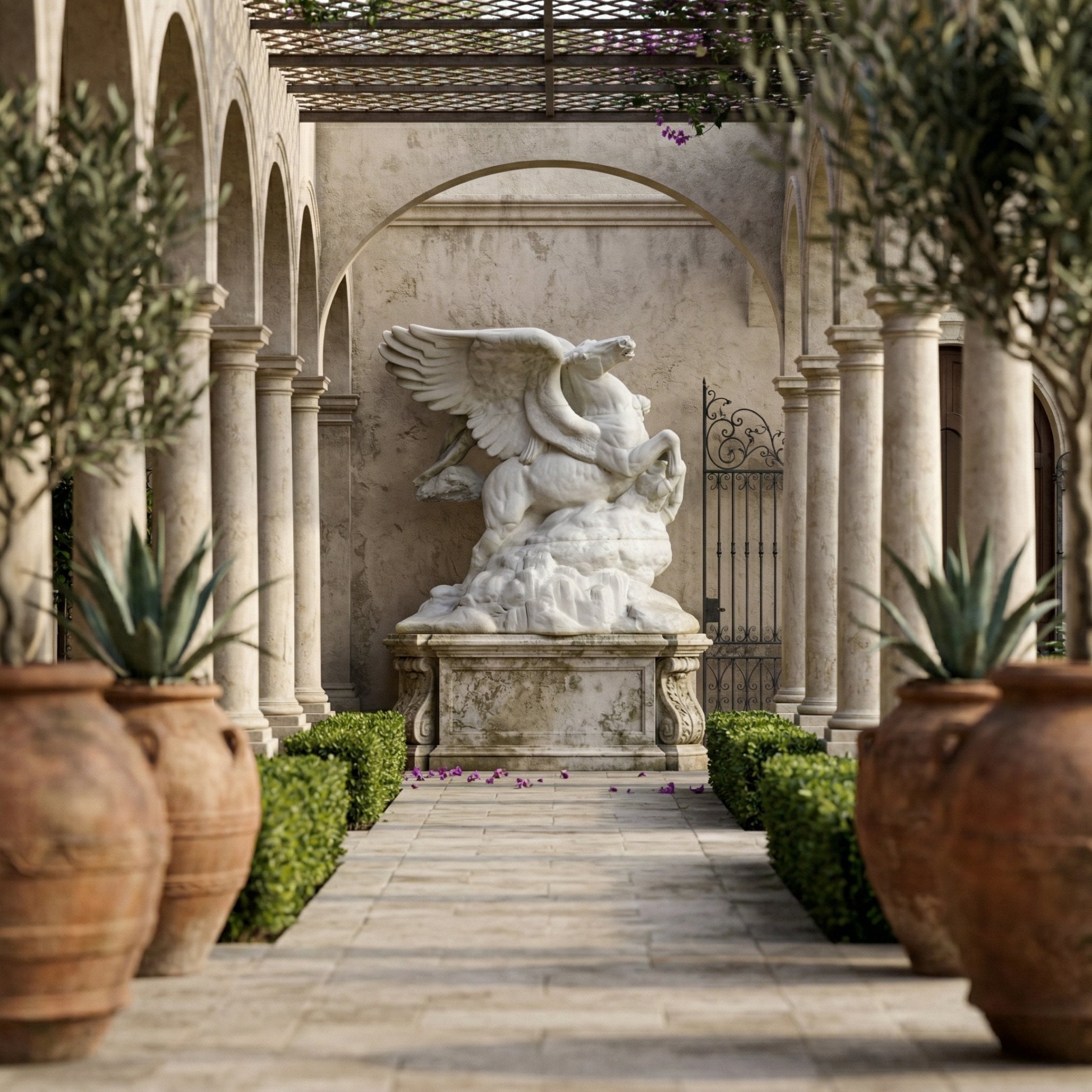 The Flying Pegasus White Marble Outdoor Sculpture - 280cm by Giant Sculptures stands at the end of a Mediterranean-style courtyard with arches, potted plants, and trimmed hedges.