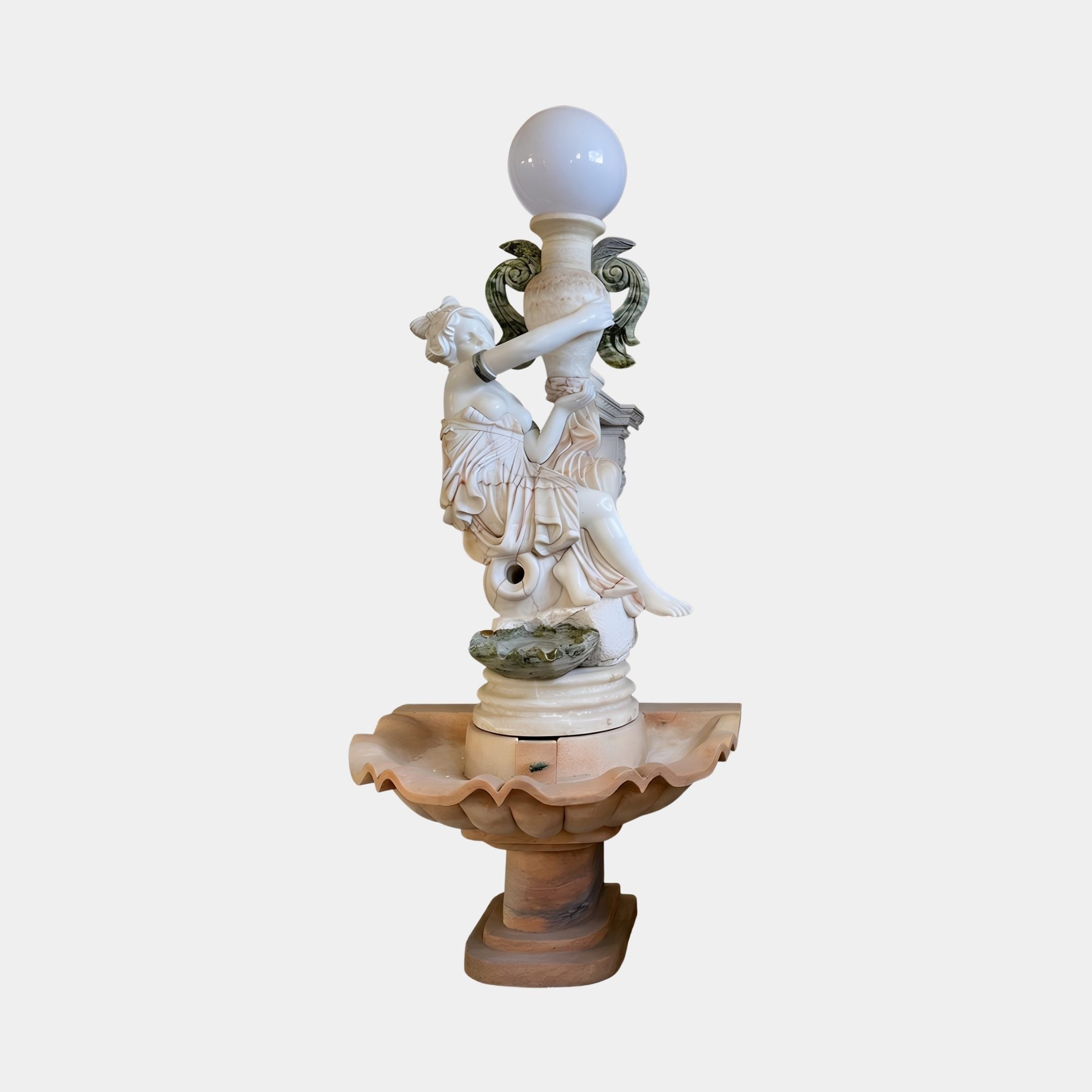 Figure Lamp on Column Marble Sculpture 240cm by Giant Sculptures, classical woman in flowing robes holding a green scrollwork column with globe lamp above a terracotta scalloped basin.