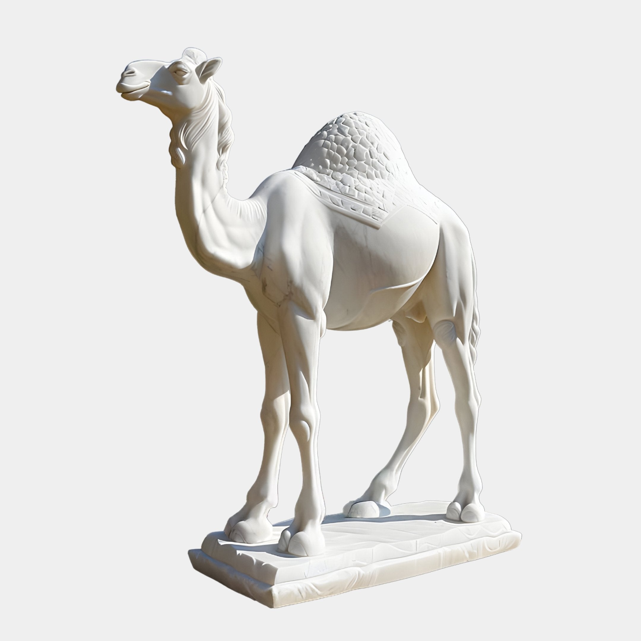 The Majestic Camel White Marble Outdoor Sculpture by Giant Sculptures, standing at 160cm, showcases detailed craftsmanship with a pronounced hump and intricate texture on a rectangular base, creating a realistic appearance against its plain white backdrop.