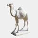 The Majestic Camel White Marble Outdoor Sculpture by Giant Sculptures, standing at 160cm, showcases detailed craftsmanship with a pronounced hump and intricate texture on a rectangular base, creating a realistic appearance against its plain white backdrop.