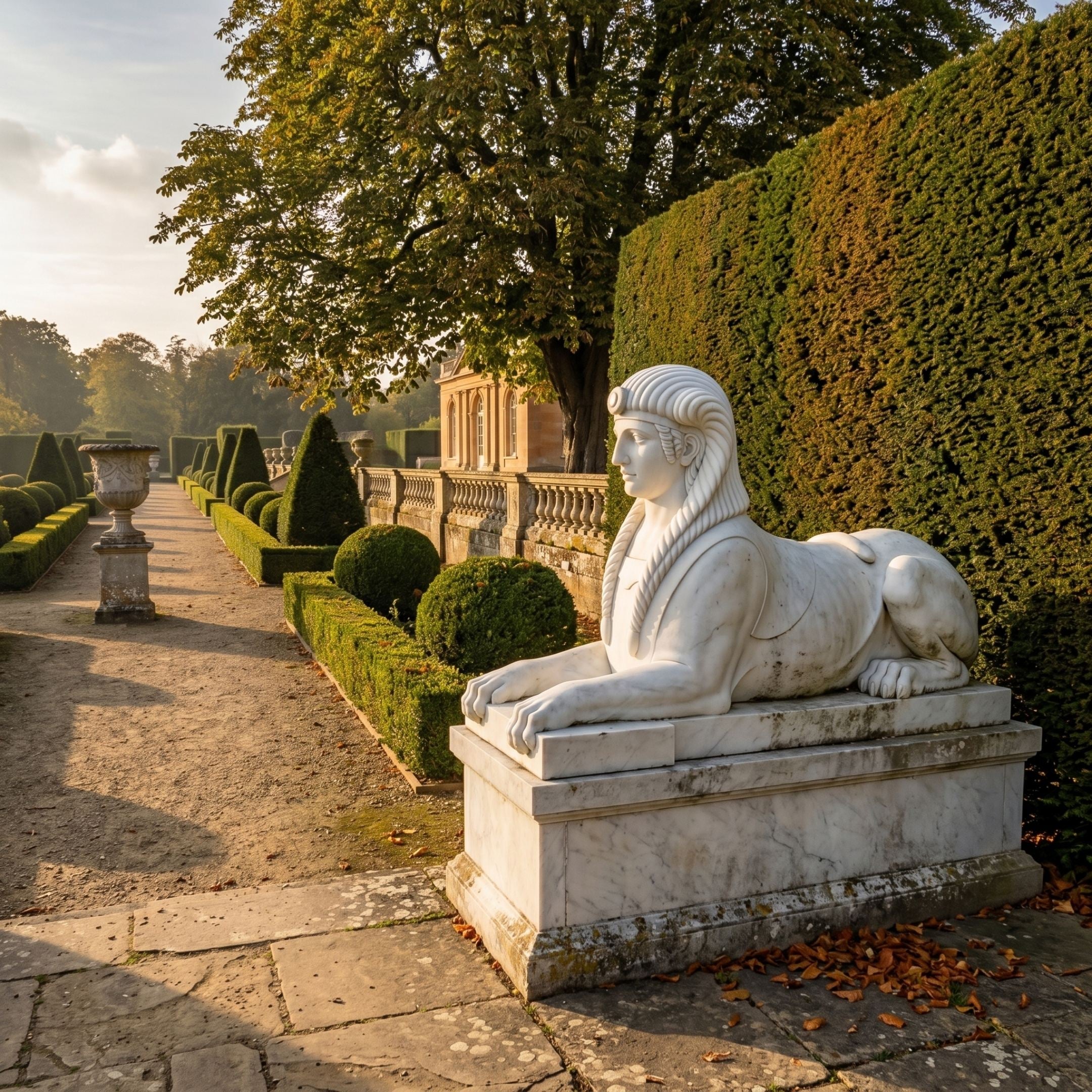 Giant Sculptures Egyptian Sphinx 110cm white marble statue in recumbent pose with nemes headdress on a plinth beside manicured hedges in a formal garden.