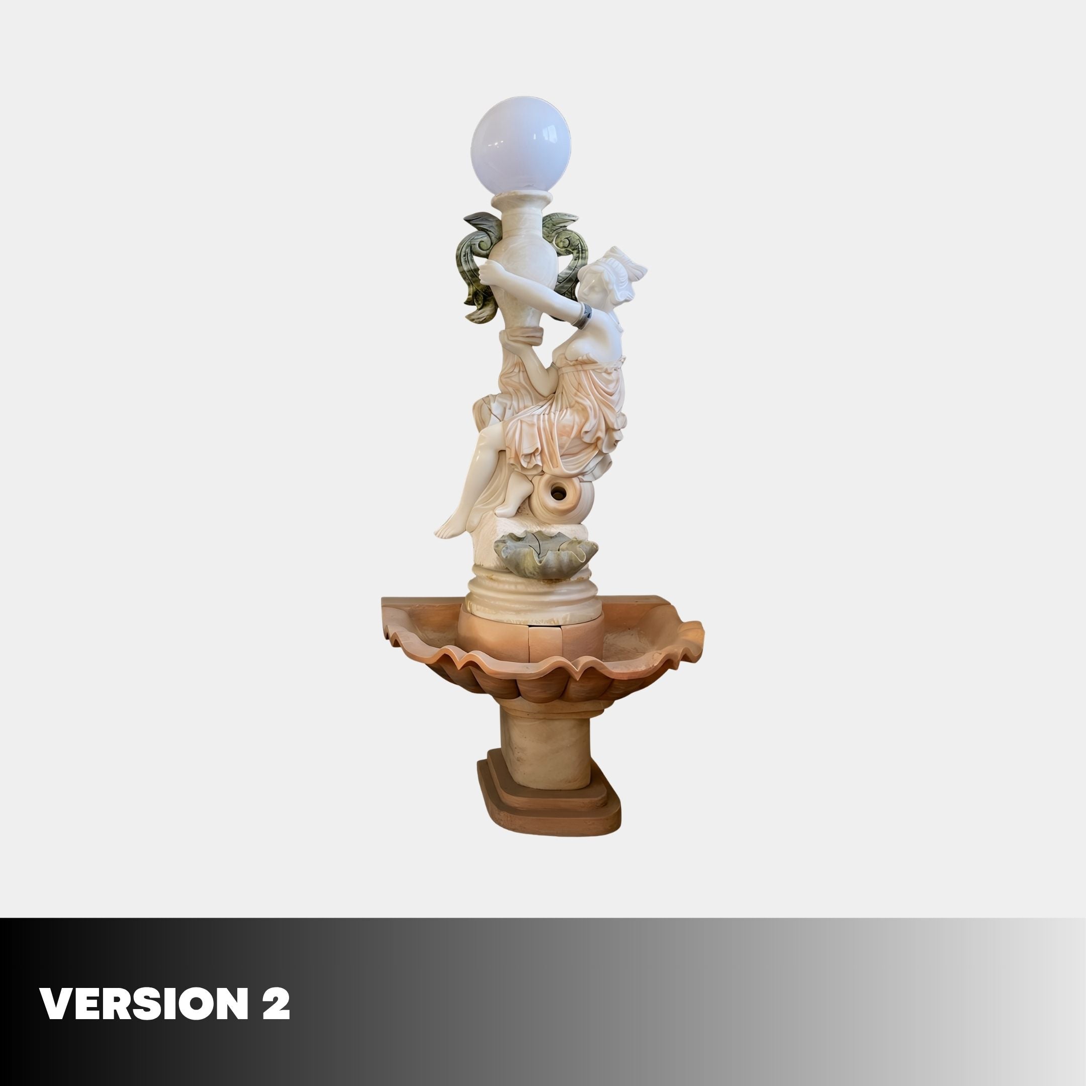 Side view of Giant Sculptures' 240cm Figure Lamp on Column Marble Sculpture showing the seated woman, green scrollwork, terracotta scalloped basin, and globe lamp.