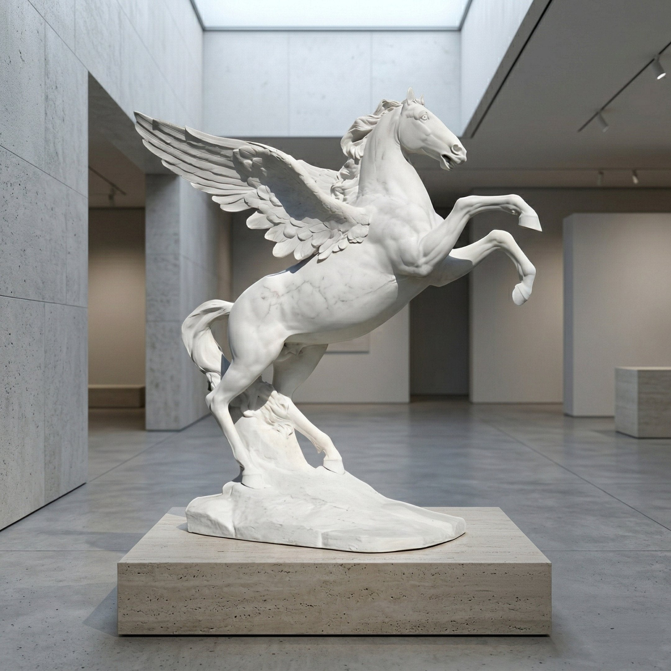 The Pegasus White Marble Outdoor Sculpture - 200cm by Giant Sculptures features a majestic, rearing winged horse on display in a modern gallery with gray stone walls and floors. Crafted in white marble, it stands out as a stunning centerpiece.