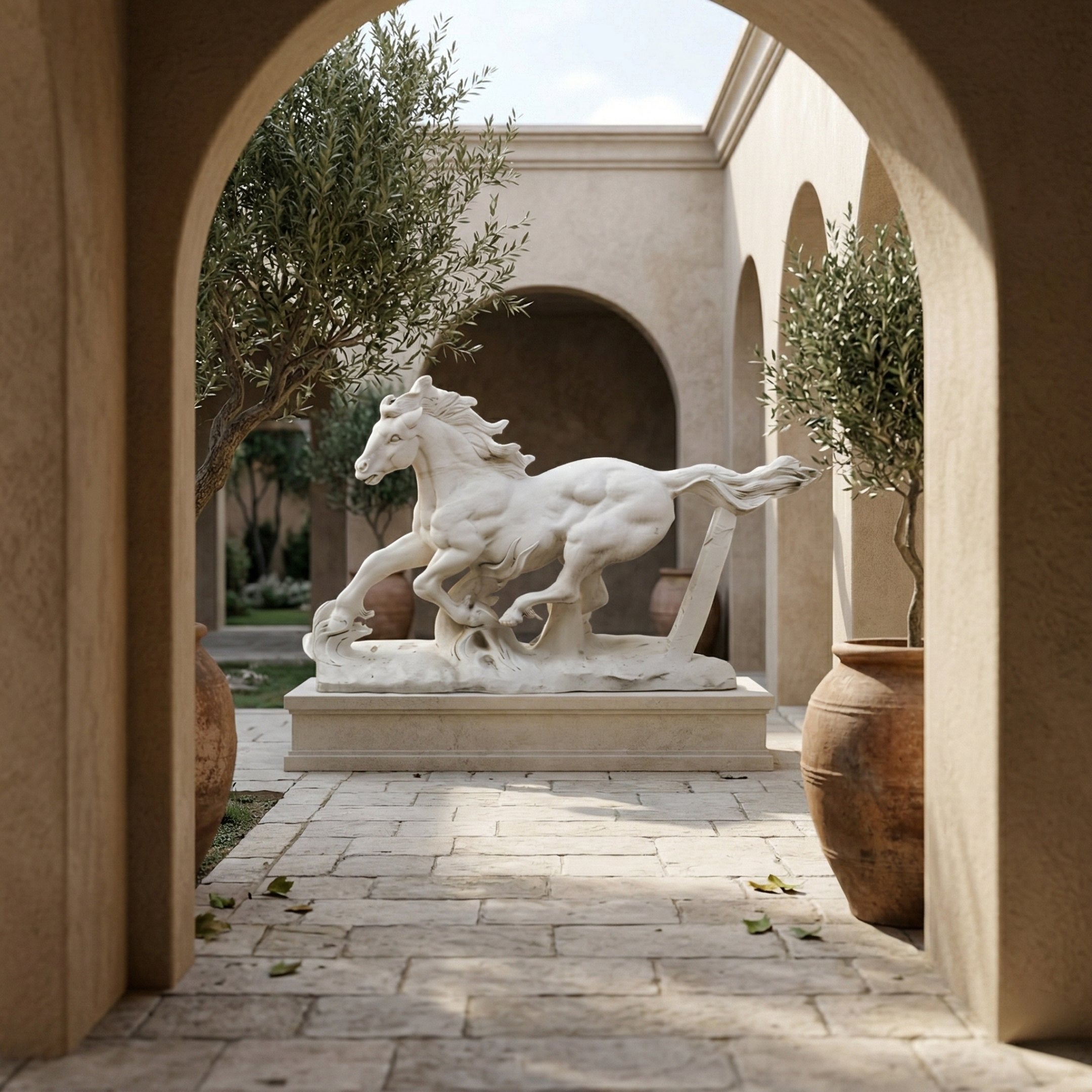 The Running Horse White Marble Outdoor Sculpture - 120cm by Giant Sculptures is a striking piece for courtyards, framed by stone arches and potted olive trees. This marble statue beautifully captures the dynamic grace of a running horse.