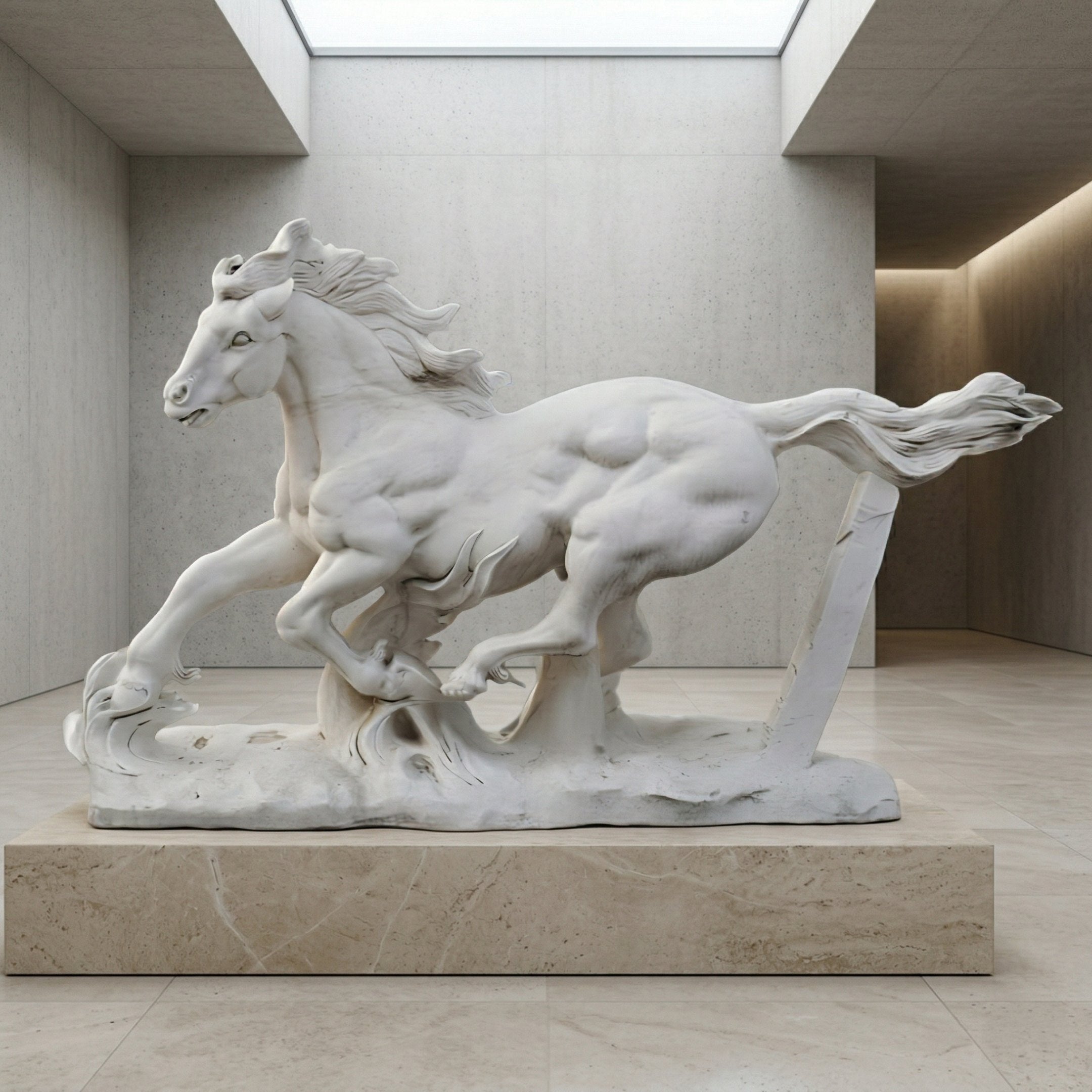 The Running Horse White Marble Outdoor Sculpture - 120cm by Giant Sculptures stands on a stone pedestal in a minimalist modern gallery with concrete walls and a large skylight above.