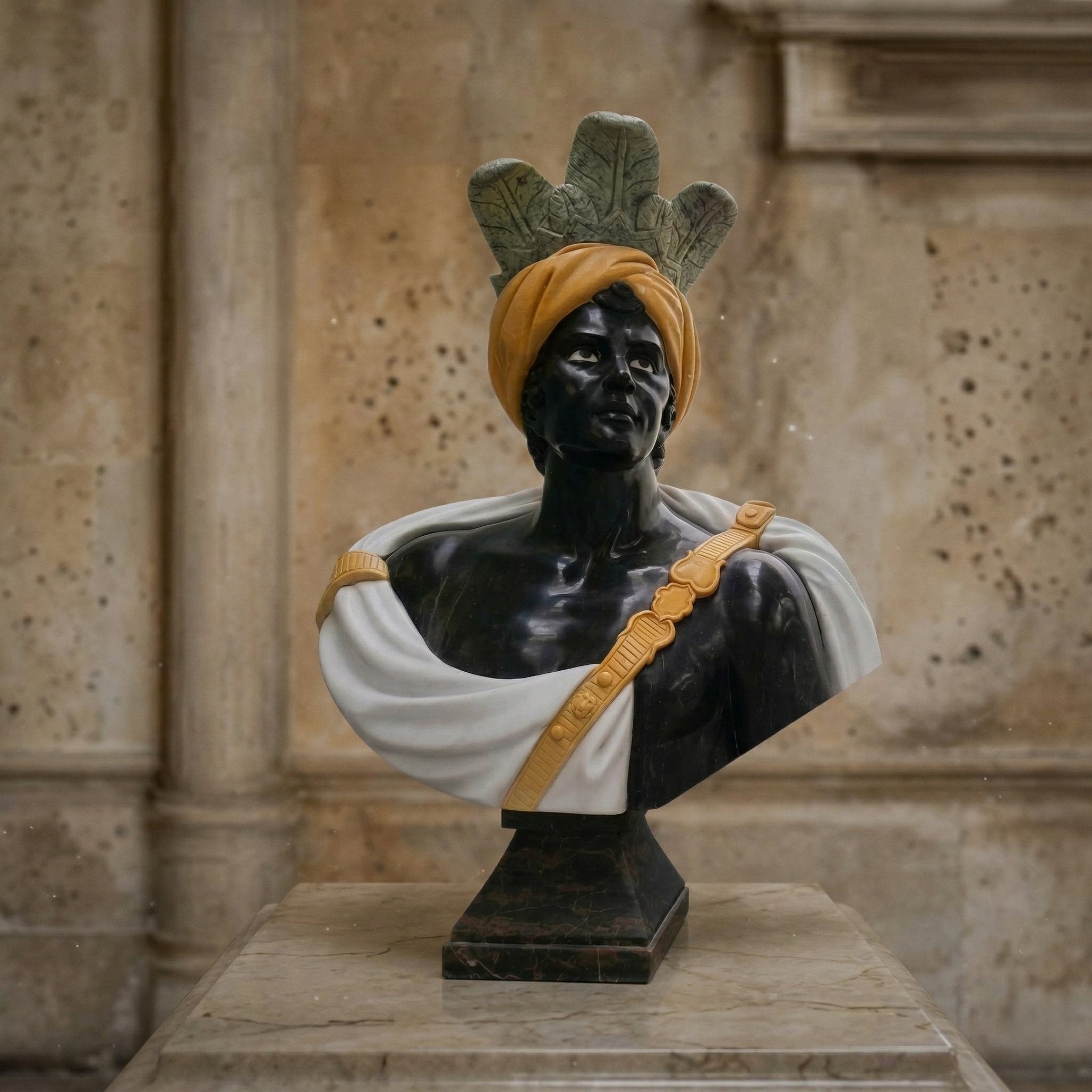 The Moorish Feather Turban Marble Bust Sculpture (85cm) by Giant Sculptures features a man with dark stone skin, a yellow feather turban, white and gold draped garment, and three green feather forms—striking decor for any stone wall.