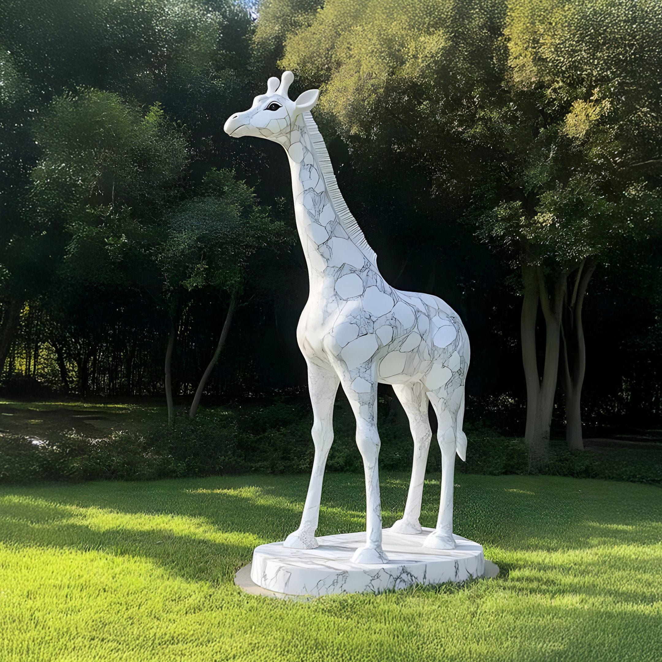 The Noble Standing Giraffe White Marble Outdoor Sculpture - 350cm from Giant Sculptures stands majestically on a circular base in a green field with trees, as sunlight filters through the foliage, creating dappled shadows on the grass.