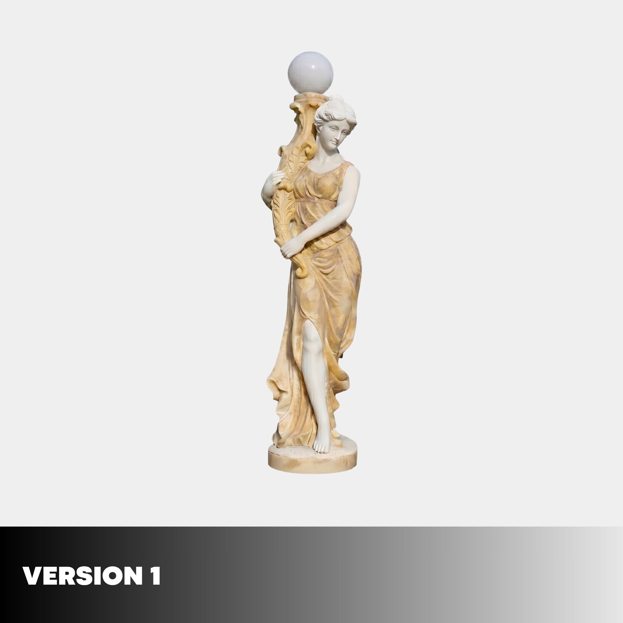 Giant Sculptures' 180cm Classical Woman Lamp Marble Sculpture in honey and white tones, leaning on an acanthus column topped with a frosted globe light.