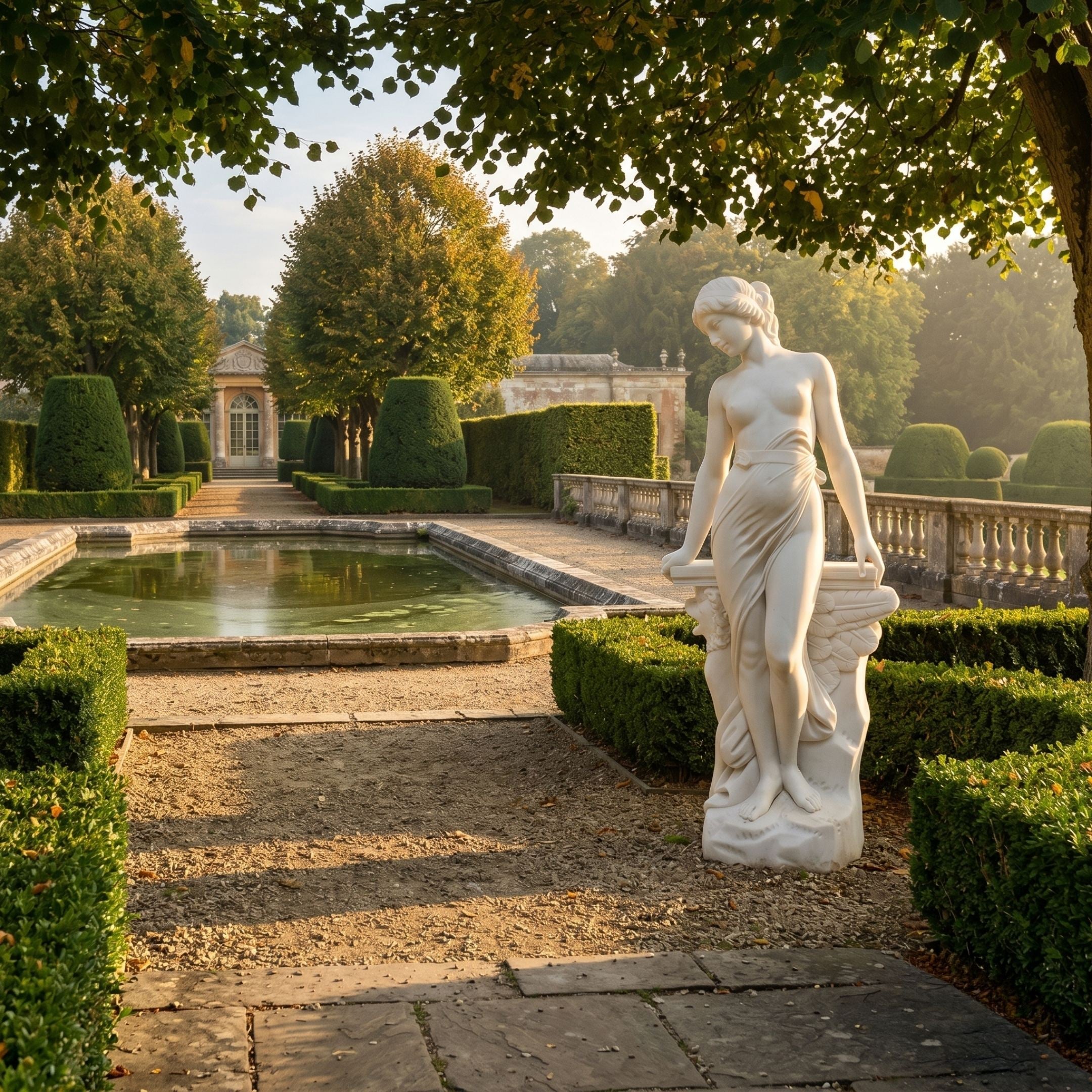Venus Italica 120cm white marble sculpture by Giant Sculptures, posed beside a reflecting pool in a formal garden with clipped hedges and a pavilion.