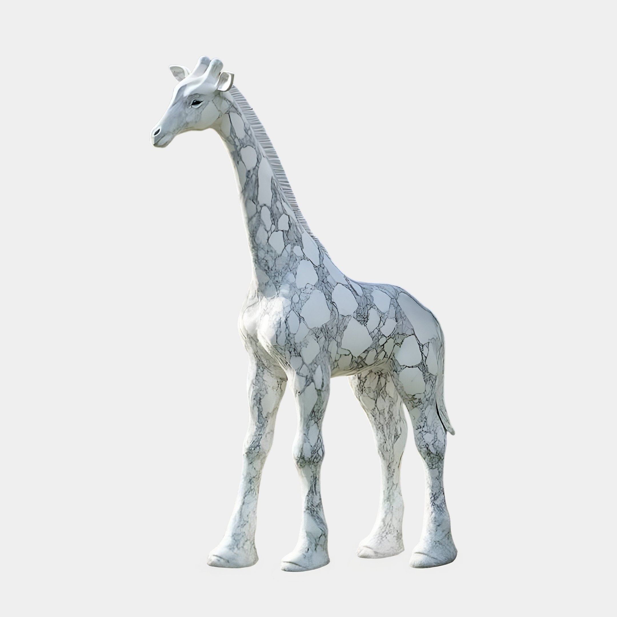 The Majestic Tower Giraffe White Marble Outdoor Sculpture by Giant Sculptures stands elegantly at 350cm tall, featuring a white and gray marble-like finish on a simple light background.