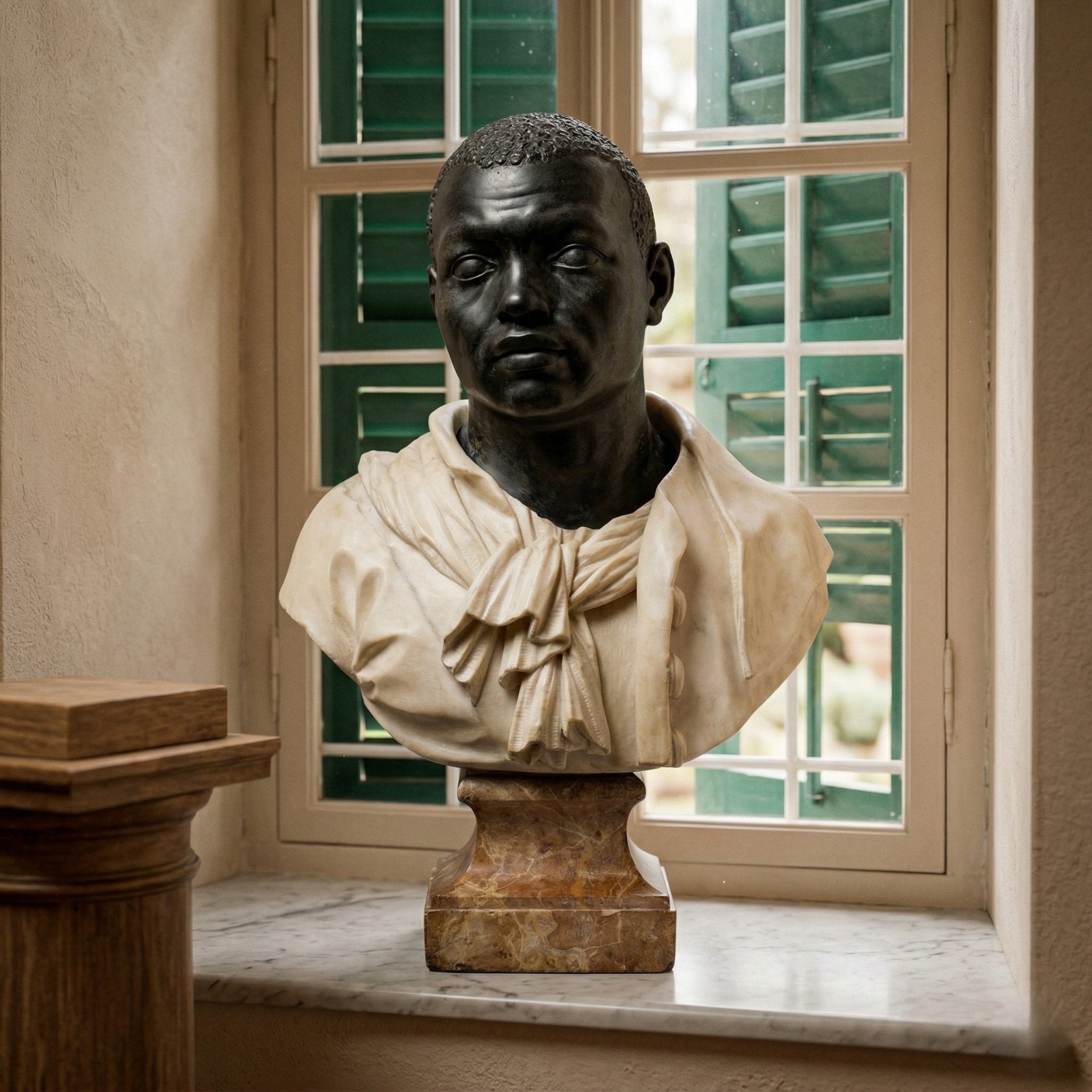 Moor Marble Bust Sculpture by Giant Sculptures, 65cm, featuring a dark polished stone male figure in white marble draped shirt on a marbled base, set on a windowsill with green shutters.