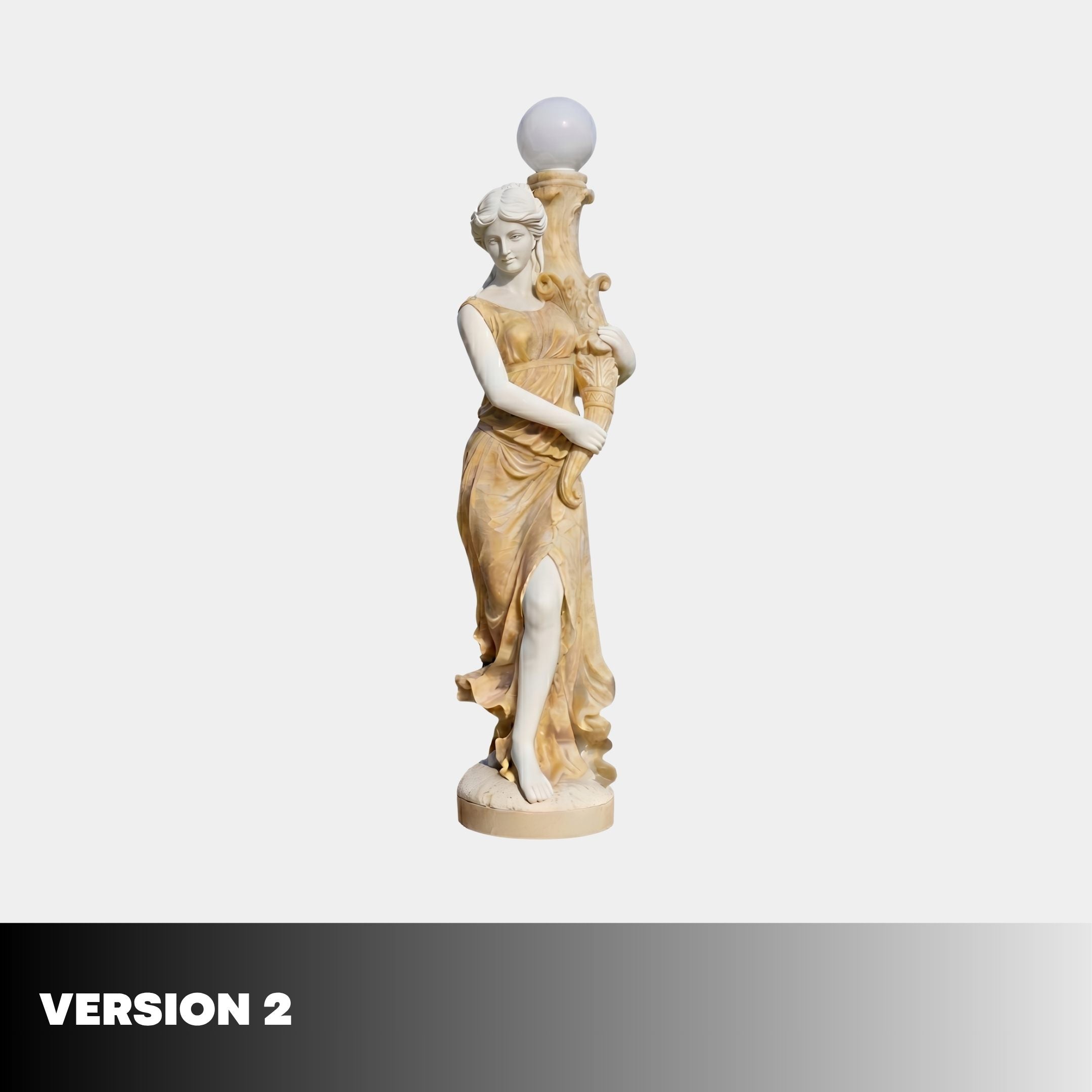 Classical Woman Lamp Marble Sculpture 180cm by Giant Sculptures in honey and white polychrome marble, leaning on an acanthus column with frosted globe light.