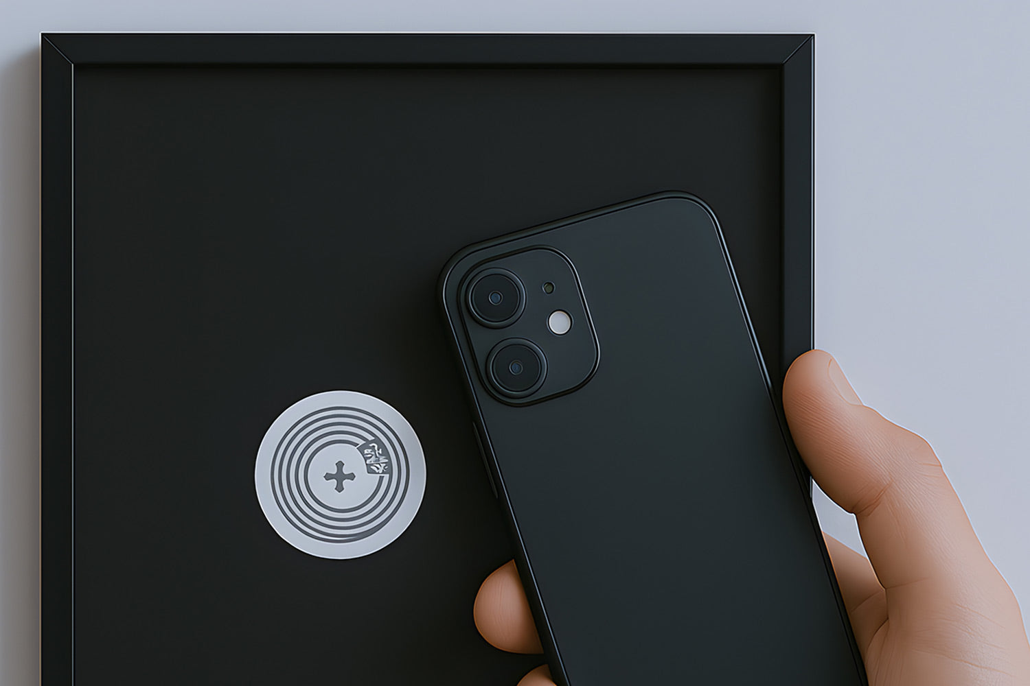 A hand holds a black smartphone near a black, circular wireless charging pad inside a square frame on a light surface.
