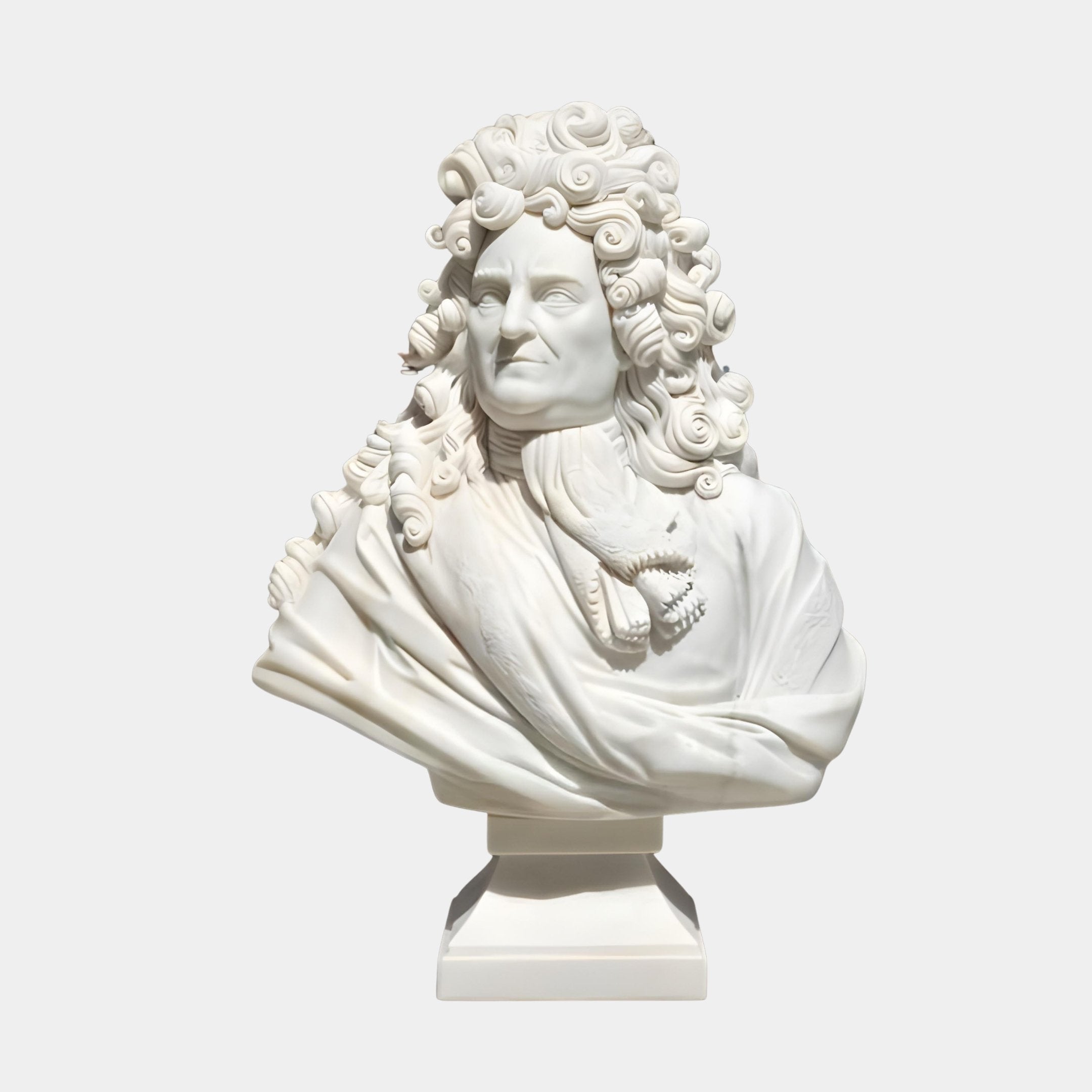 The Baroque Gentleman Marble Bust Sculpture - 90cm by Giant Sculptures features a gentleman with long, curly hair and elaborate attire, including a draped coat and neck scarf, set against a plain light background.