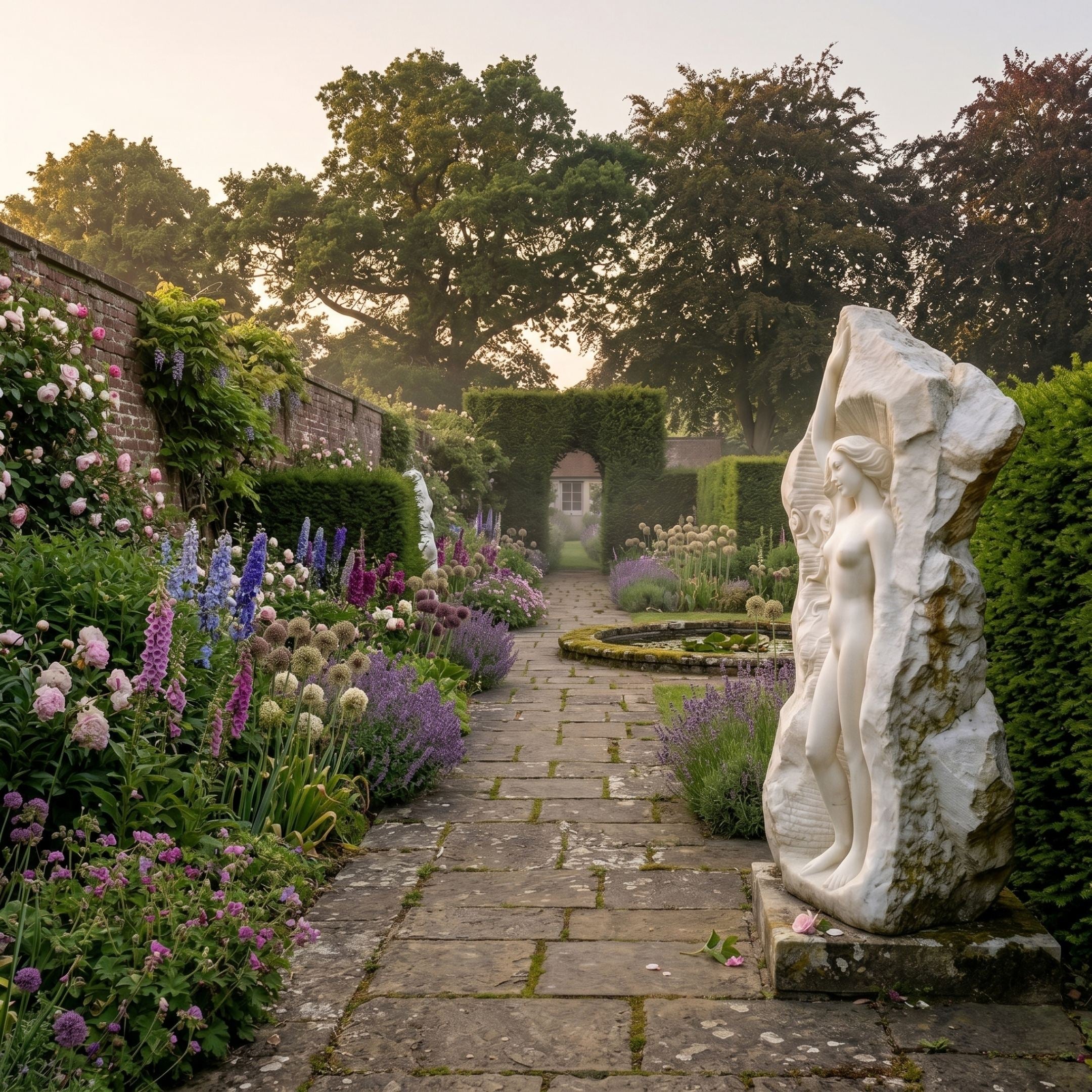 Giant Sculptures' 120cm Classical Female Figure Marble Sculpture stands on a stone path in a walled garden bordered by foxgloves, delphiniums, lavender and roses.