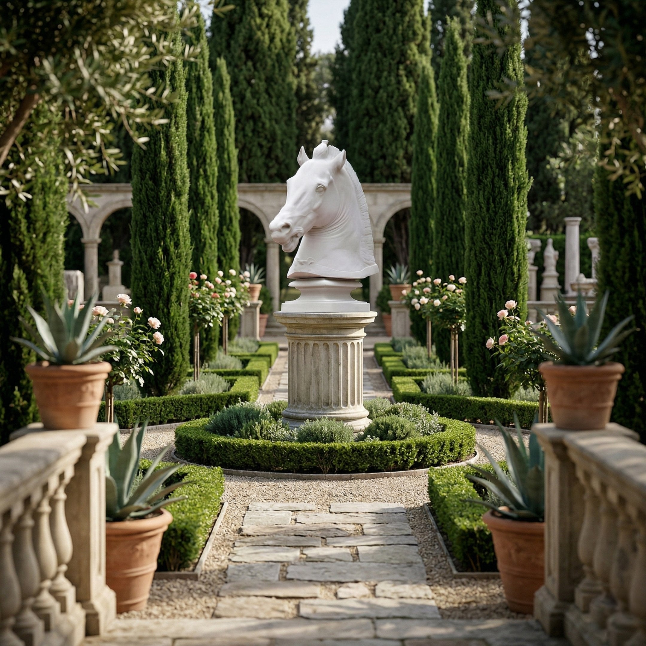 A classical garden with stone paths, cypress trees, potted plants, and the Noble Horse Head White Marble Outdoor Sculpture (120cm) by Giant Sculptures as a centerpiece, surrounded by manicured hedges and blooming roses.