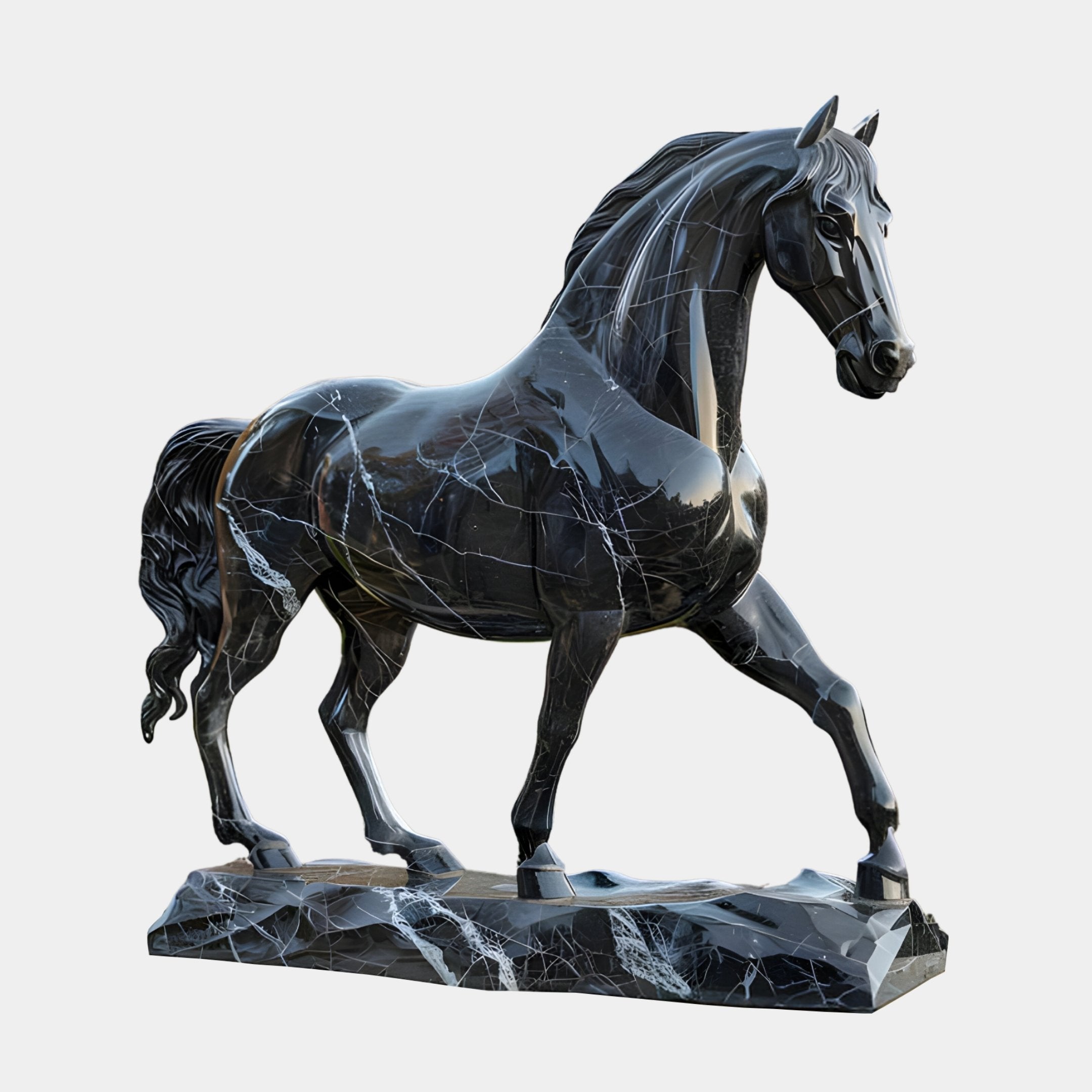 Giant Sculptures Majestic Horse Black Marble Outdoor Sculpture (220cm) features a walking horse pose on a matching base, with natural white veining that enhances its dynamic texture against the polished black marble.