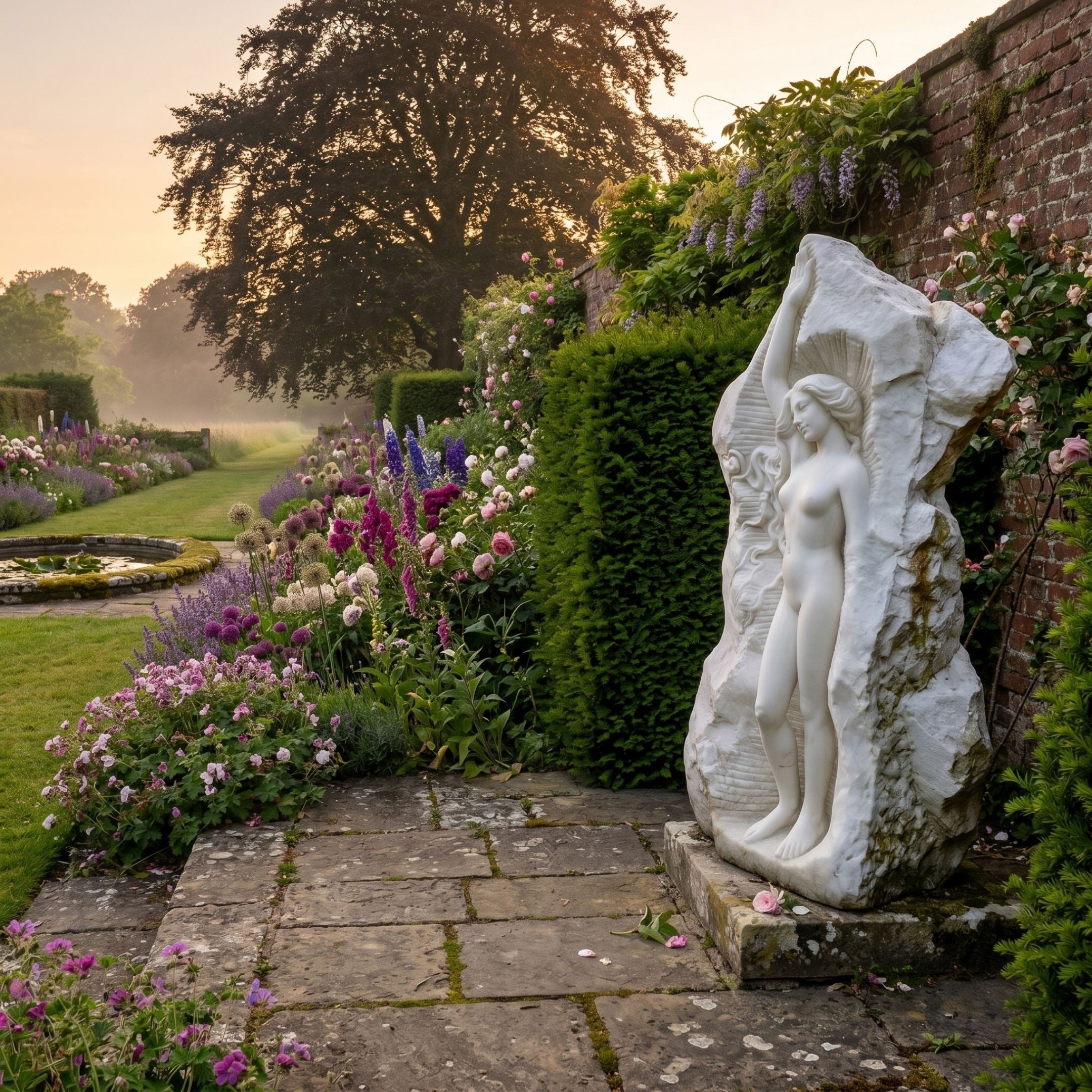 Giant Sculptures' 120cm Classical Female Figure Marble Sculpture set against a brick wall in a walled garden with flower borders and a lily pond at dusk.