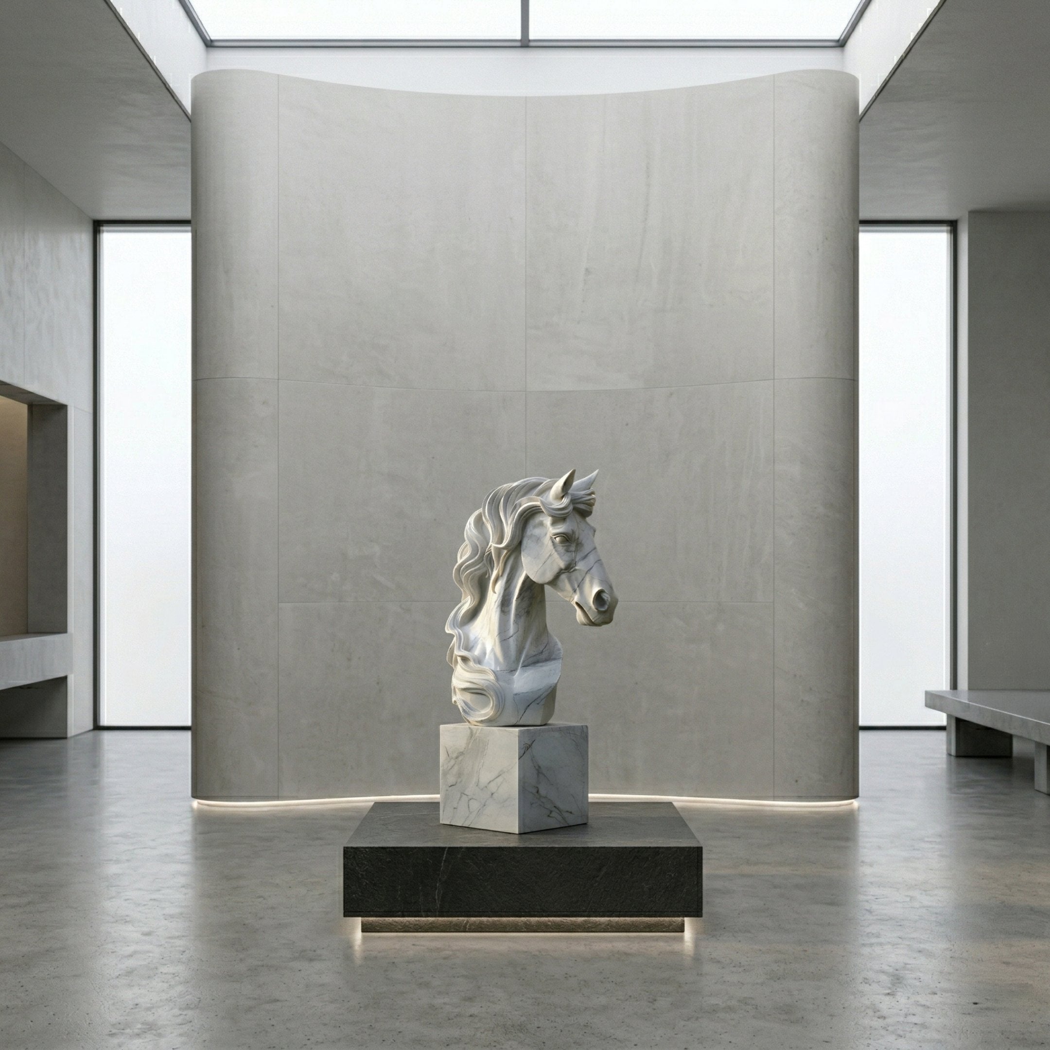 The Elegant Horse Head White Marble Outdoor Sculpture - 120cm by Giant Sculptures stands on a pedestal in a modern room with gray walls, polished flooring, and large skylights.