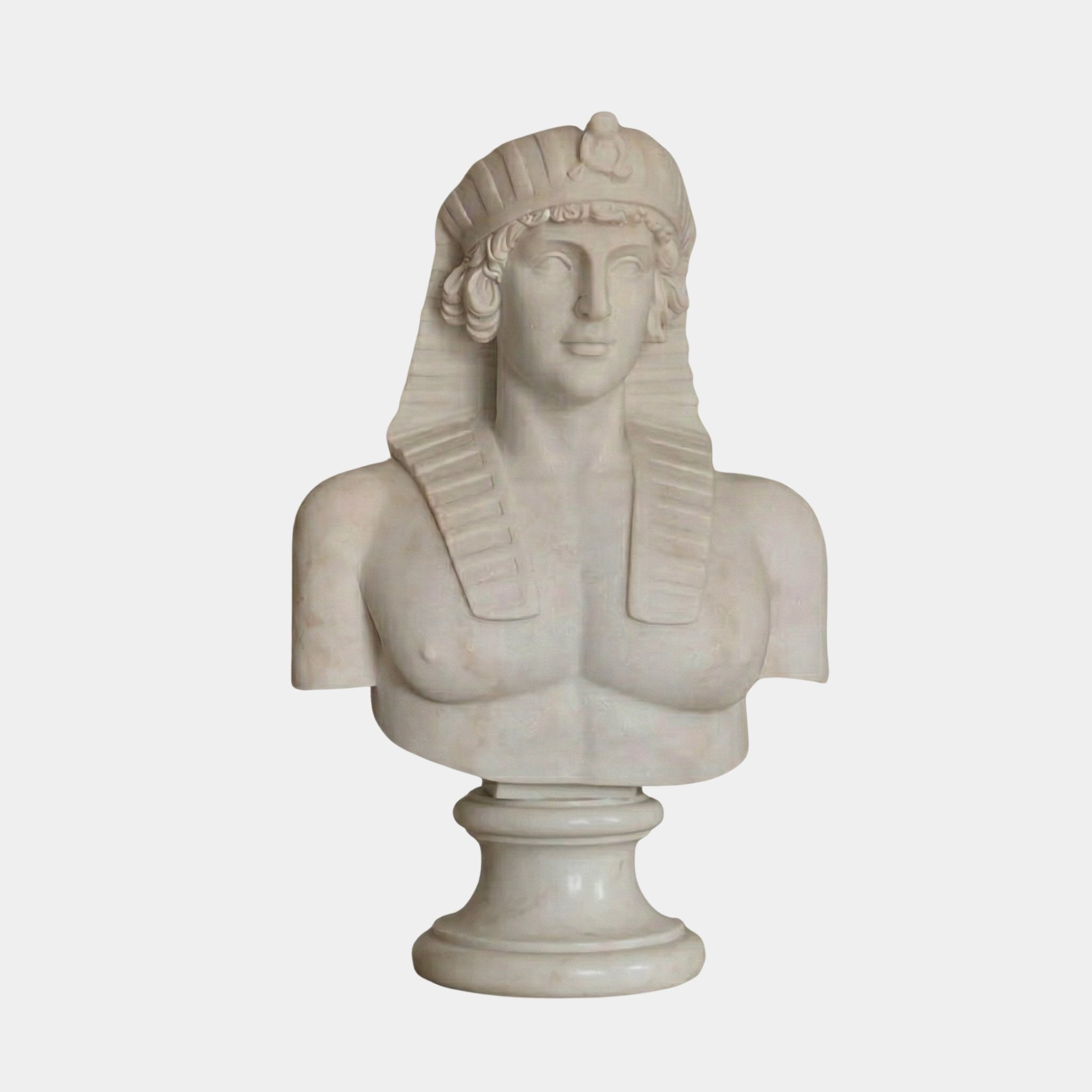 The Egyptian Pharaoh Marble Bust Sculpture (75cm) by Giant Sculptures features a striped headdress and stands on a round pedestal, capturing classic ancient Egypt decor against a plain white background.